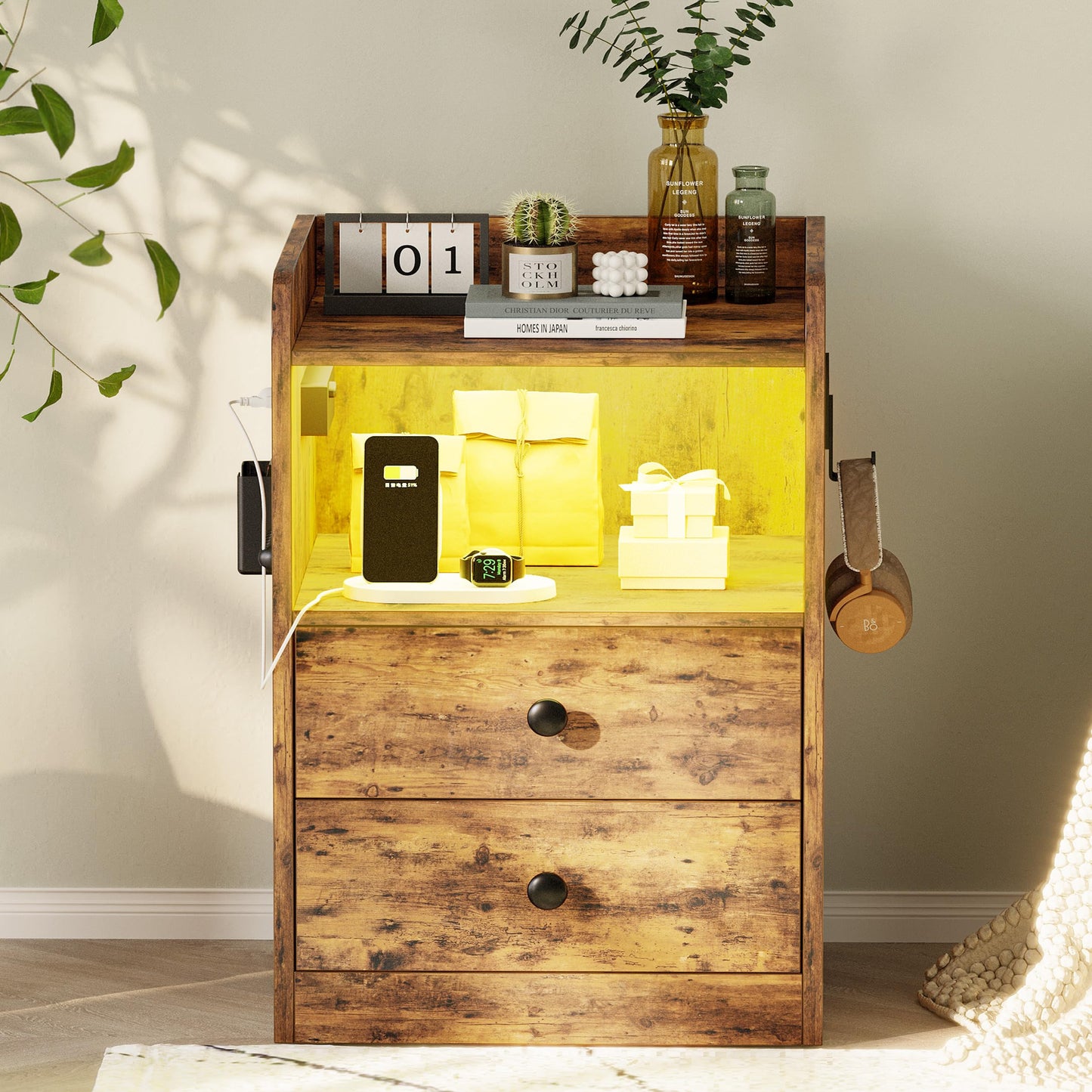 LIKIMIO Nightstand with LED, Charging Station & USB Ports, Night Table with 2 Drawers and Open Shelf, Adjustable Light, Vintage Brown