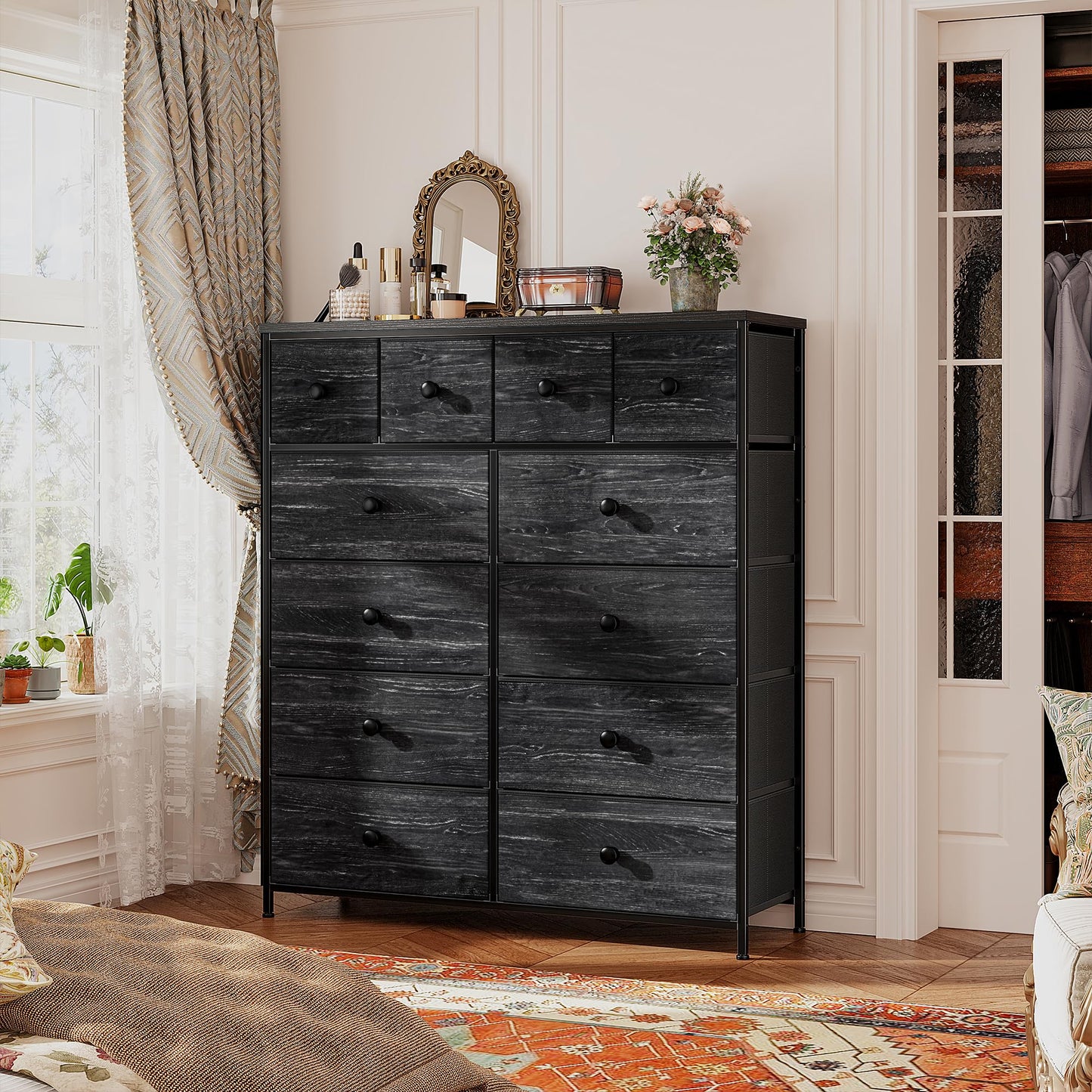 Romorgniz Tall Dressers for Bedroom with 12 Drawers, Fabric Storage Dressers & Chests of Drawers, Sturdy Metal Frame, Wood Top, Closet, Entryway, Bedroom Furniture (Charcoal Black)