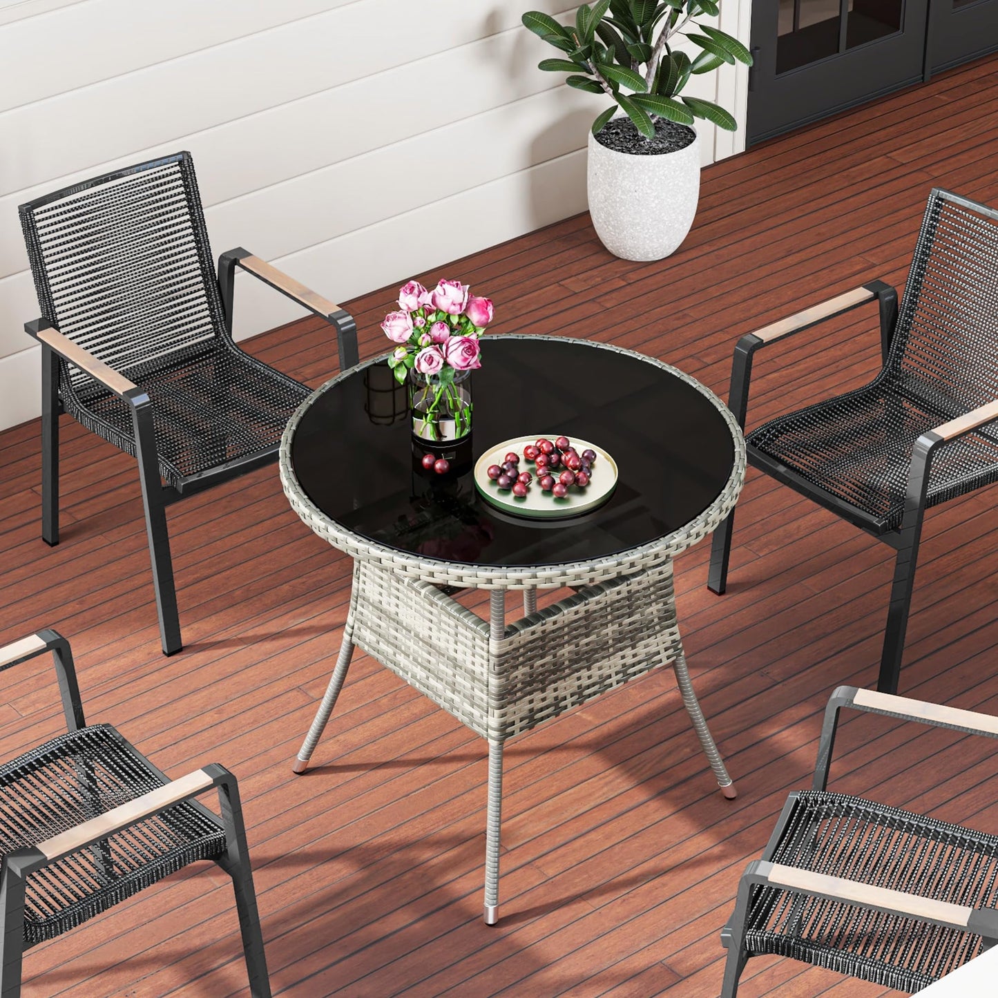 YITAHOME 31.5" Patio Table for 4-Person, Outdoor Patio Wicker Round Dining Table, All-Weather Rattan Bistro Dining Table w/Glass Tabletop for Backyard Deck Porch Poolside, Gray