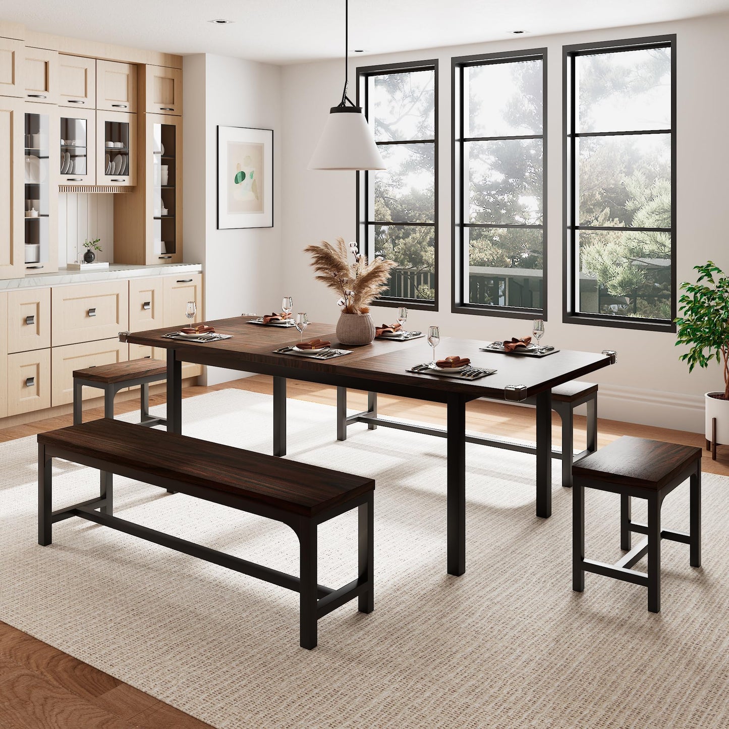 Einhomn 5 Pieces Dining Room Table Set for 4-6, 63' Extendable Kitchen Table Set with 2 Benches & 2 Stools, Small Dining Table Set with Metal Frame & MDF Board, Espresso