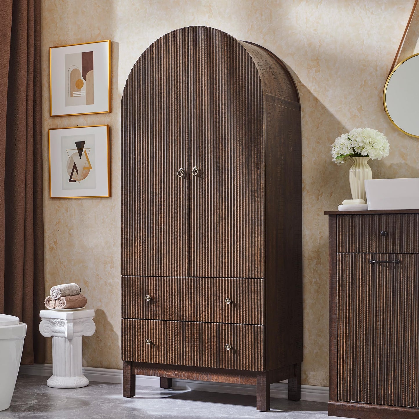 IFBUY 71" Tall Arched Bathroom Storage Cabinet, Modern Fluted Cabinet Storage with 4 Shlves and 2 Drawers, Floor Cabinet for Bathroom, Living Room, Kitchen, Brown