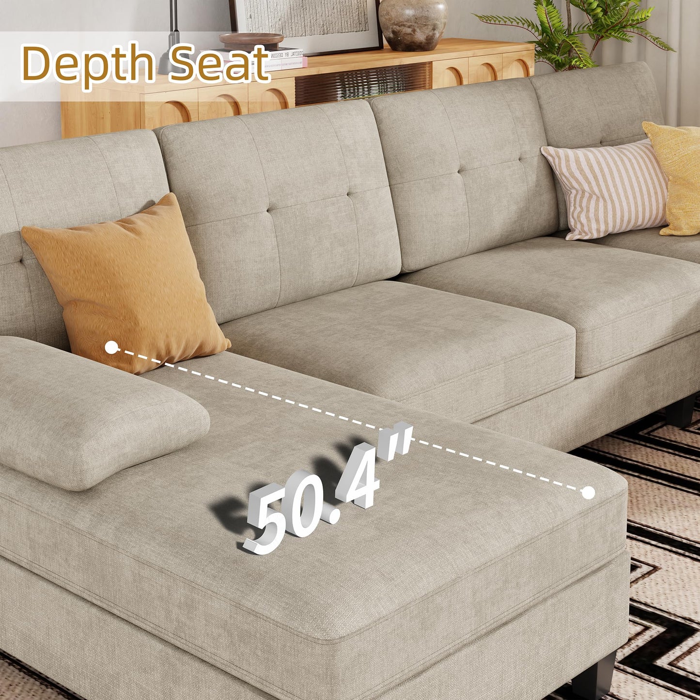 JAMFLY 106" U-Shaped Modern Sofa Modular Sectional Cloud Couch with Chaise, 4-Seat Deep Seat Sofa for Living Room, Bedroom and Apartment, Khaki