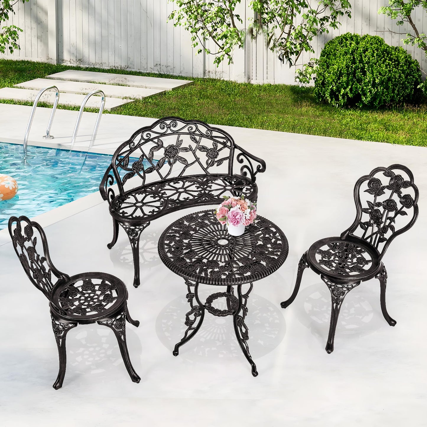 Aura Outdoor Cast Aluminum Bistro Set of 4, Patio Rose Table and Chair Set with Umbrella Hole for Balcony All Weather Resistant Black