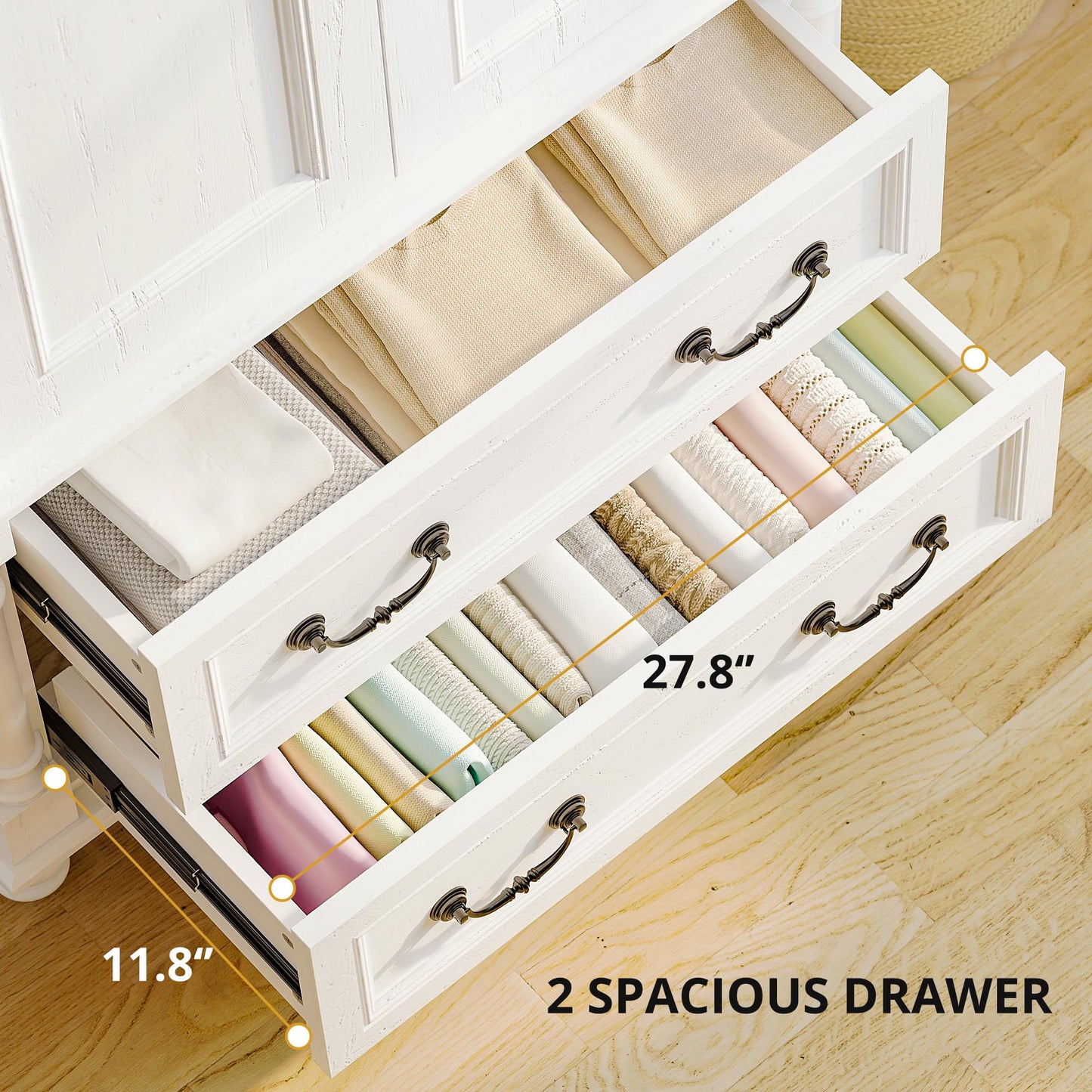 LIKIMIO Farmhouse Armoire Wardrobe Closet with 2 Doors and 2 Drawers, 70" H x 36" W, Large Bedroom Armoire with Roman Column and 3 Hanging Hooks, Wooden Freestanding Closet Cabinet, White