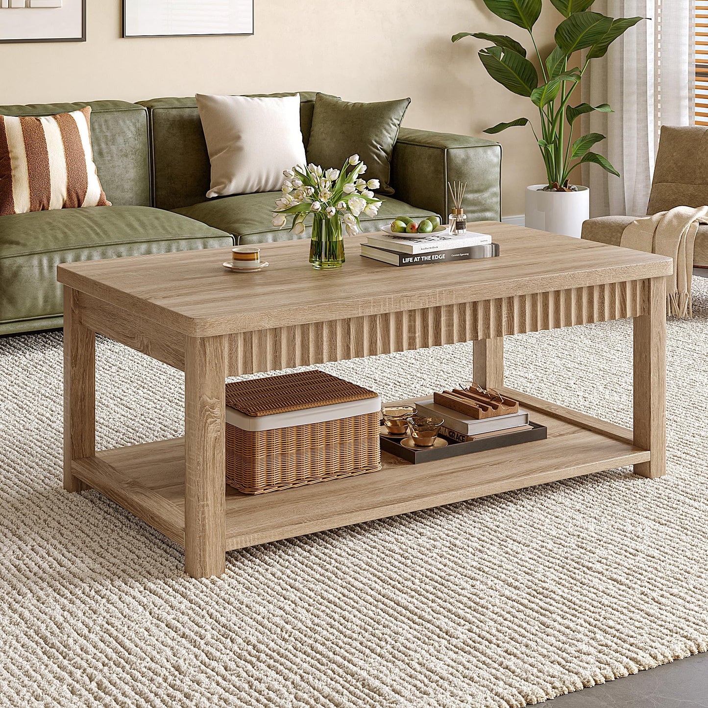 Homkdom Coffee Table, 39 Inch Modern Coffee Tables for Living Room with 2-Tier Storage & Wave-Edge, Oak Center Table for Bedroom/Office