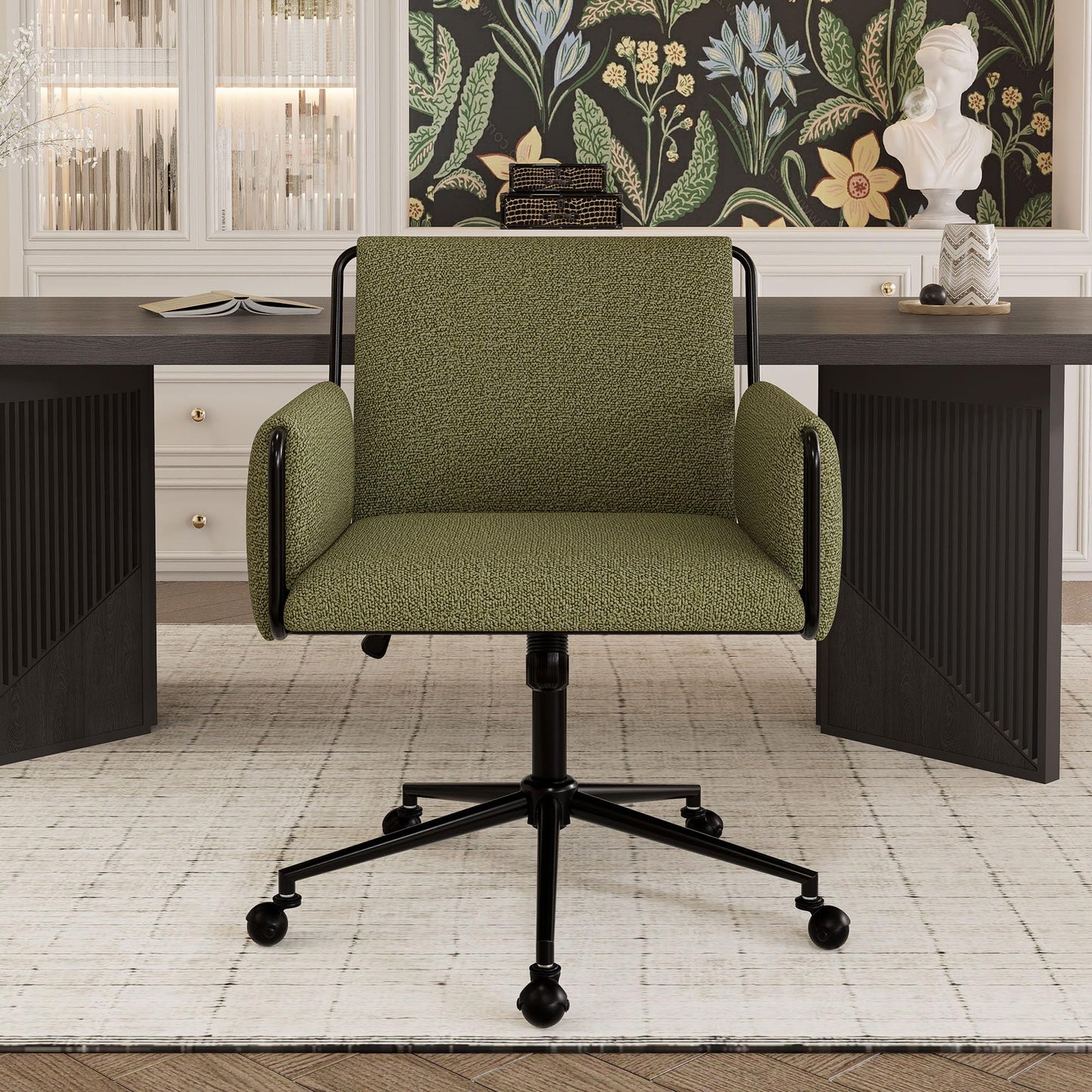 YOUTASTE Wide Office Chair with Wheels, Comfy Modern Rolling Swivel Desk Chair with Green Bouclé Fabric, Backrest, Armrests, 300 lbs Capacity, Ideal for Makeup Vanity, Computer, Study & Bedroom
