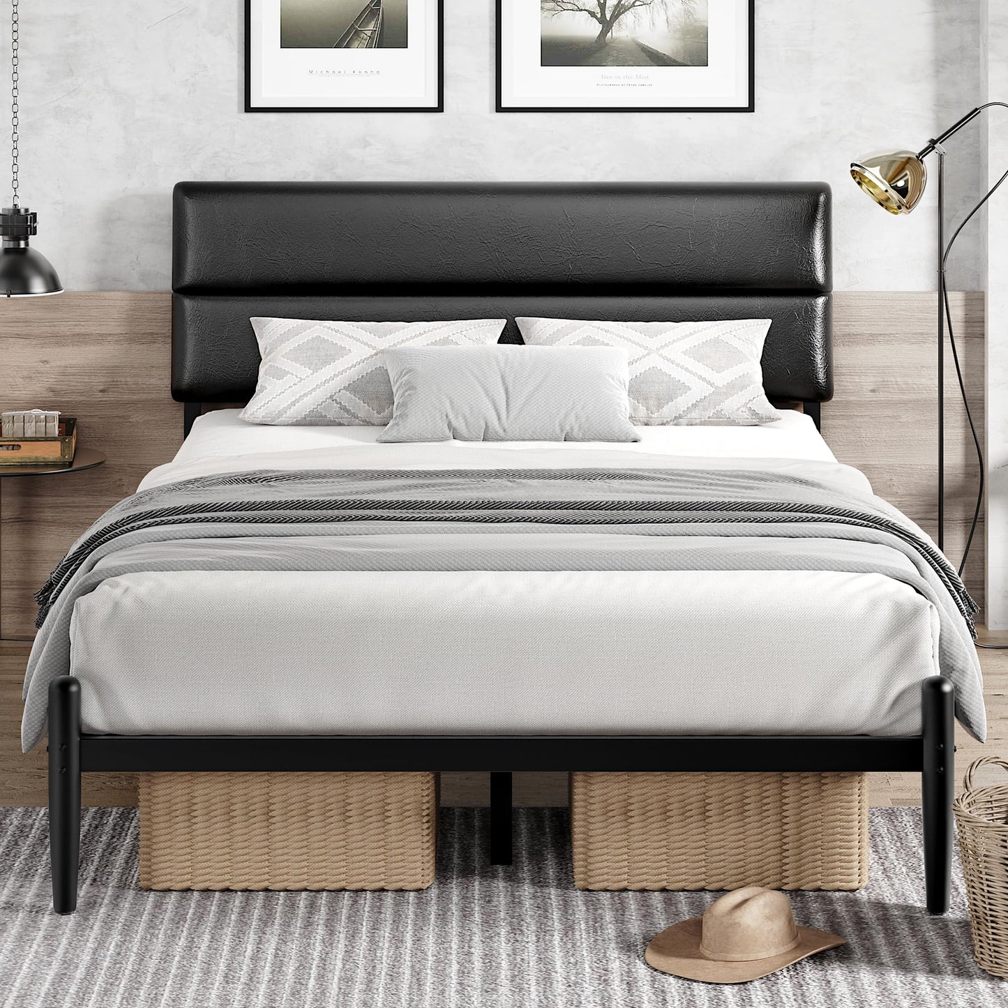 BedsPick Queen Size Bed Frame, Platform Bed Frame with Upholstered Headboard, 12 Quiet Slats, Urban Style Design, No Box Spring Needed (Dark Black)