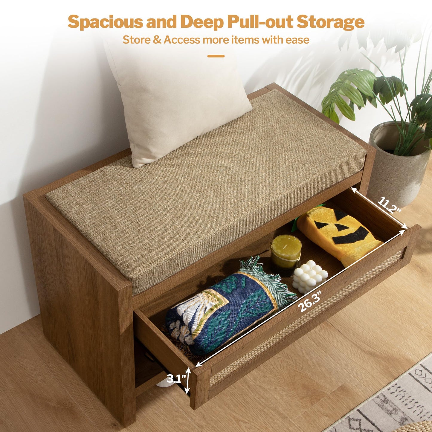 SICOTAS Rattan Shoe Bench Entryway Bench with Storage Drawer and Linen Seat Cushion, Farmhouse Boho Shoe Rack with Shelf, Wooden Storage Bench for Entryway Hallway and Bedroom, Caramel Oak