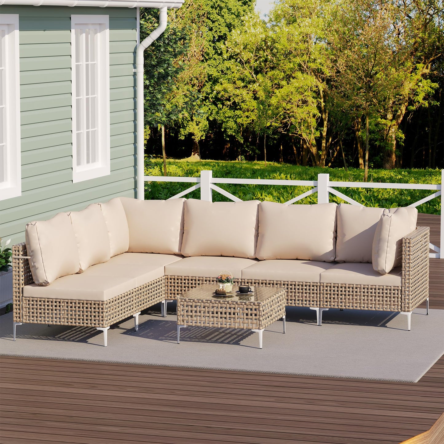 JHSDFOUIH 7-Piece Patio Furniture Set, Outdoor Sectional Sofa with Coffee Table & Thick Cushions, All-Weather PE Wicker Conversation Set for Garden, Deck, Backyard, Beige