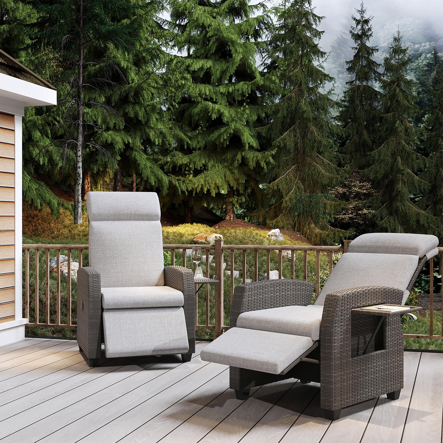 Outdoor Recliner with Independently Adjustable Backrest and Footrest, Patio Wicker Recliner Chair, All-Weather PE Wicker Patio Reclining Lounge Chair with Flip-Up Table Air Pump 155° Lay Flat