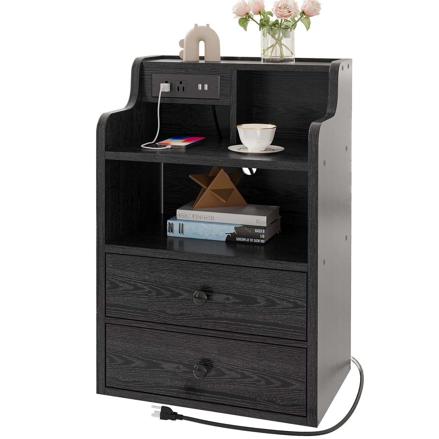 LIKIMIO Black Nightstand with LED Charging Station 2 Drawers and Storage Shelves, Left and Right Interchangeable Sockets Bed Side Table Night Stand with Drawer