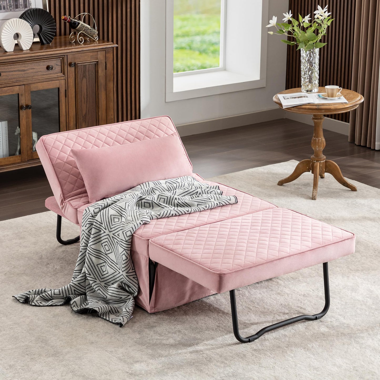 BIGSYY Sofa Bed, 4 in 1 Multi-Function Folding Ottoman Breathable Velvet Couch Bed with Adjustable Backrest Modern Convertible Chair for Living Room Apartment Office,Squared-Pink