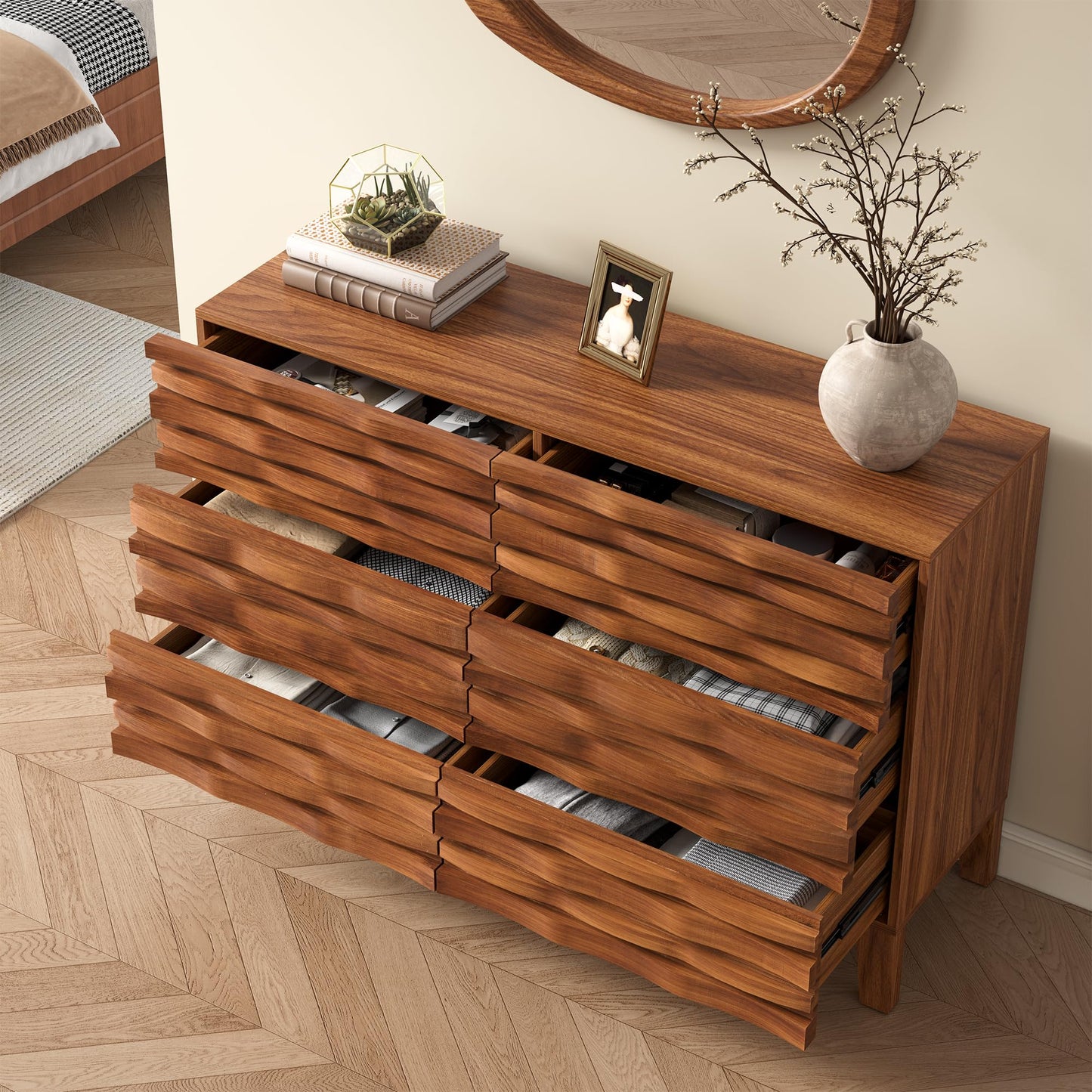 Lamohome Mid Century Modern 6-Drawer Dresser – Solid Wood Fronts, 47" Chest of Drawers with Fluted Design for Bedroom & Living Room, Natural Wood Finish