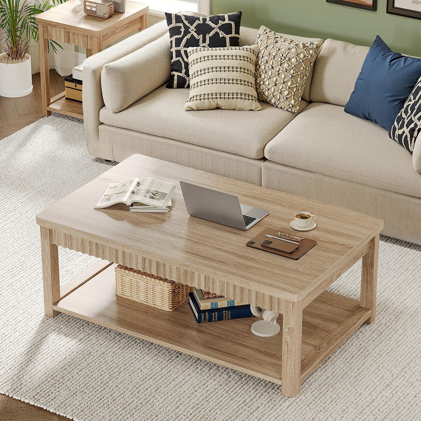Homkdom Coffee Table, 39 Inch Modern Coffee Tables for Living Room with 2-Tier Storage & Wave-Edge, Oak Center Table for Bedroom/Office