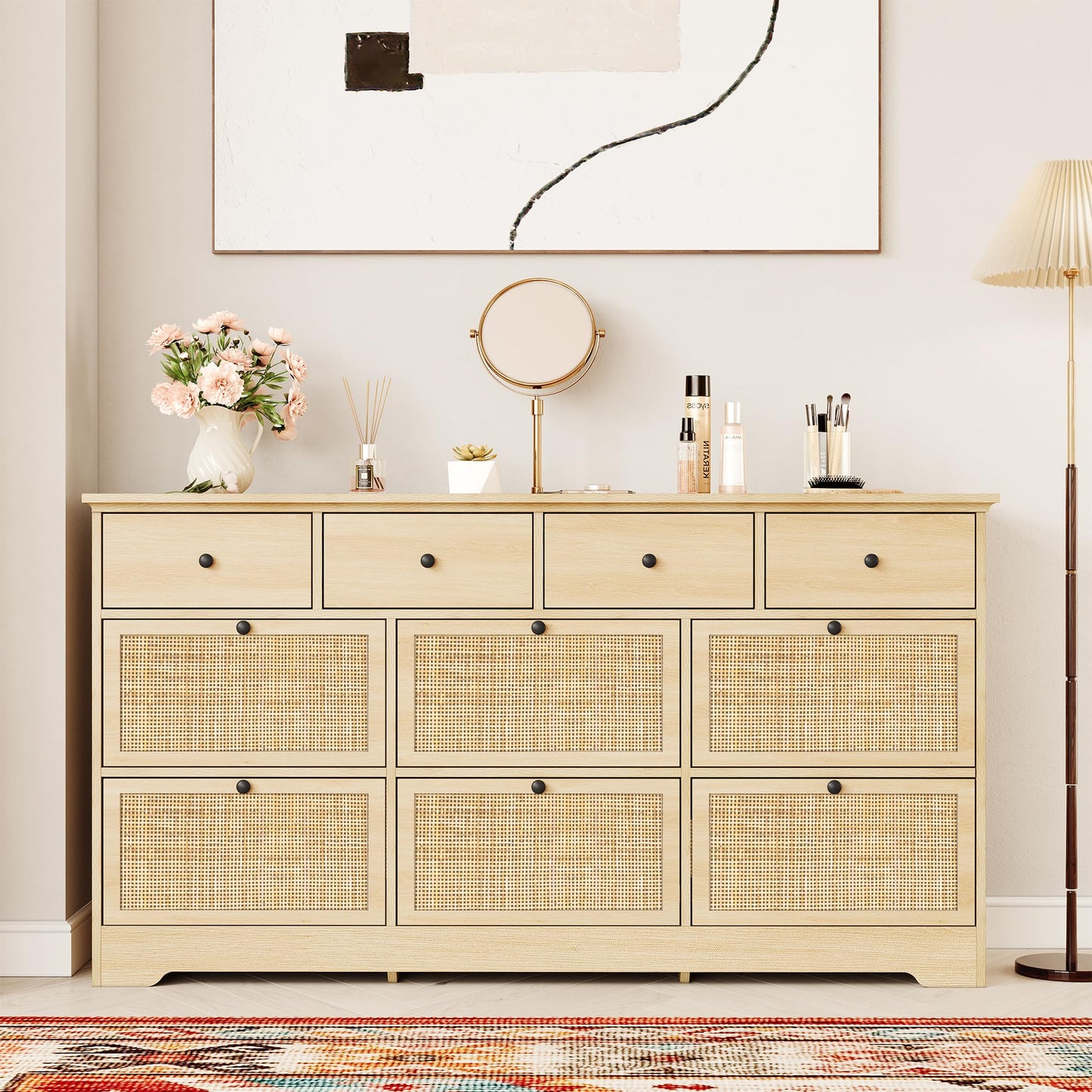 Brafab 10 Drawer Rattan Dresser for Bedrroom, 59" Wide Natural Wood Dressers, Long Boho Chest of Drawers, Mid-Century Light Oak Dresser TV Stand, Large Clothes Storage Cabinet