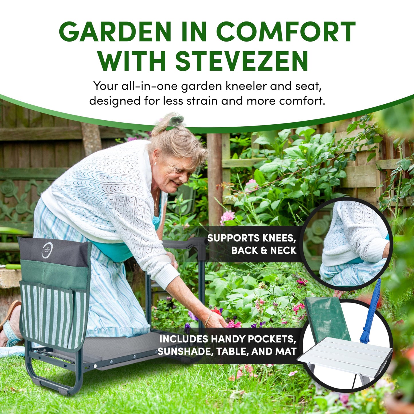 SteveZen - Garden Kneeler Seat Bench, Garden Kneeling Bench with Sunshade Umbrella, Ergonomic Handles, Folding Table, and Potting Mat, 10.2" Foam Knee Seat, Loading Capacity 330 Lbs