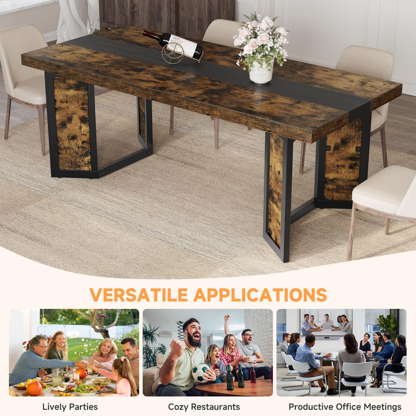 Industrial Dining Table for 6-8 People, 71" Large Long Wooden Kitchen Table with Sturdy Metal Frame & Brown Finish, Rustic Style Rectangular Dinner Table for Dining Room, Kitchen (Vintage Brown)