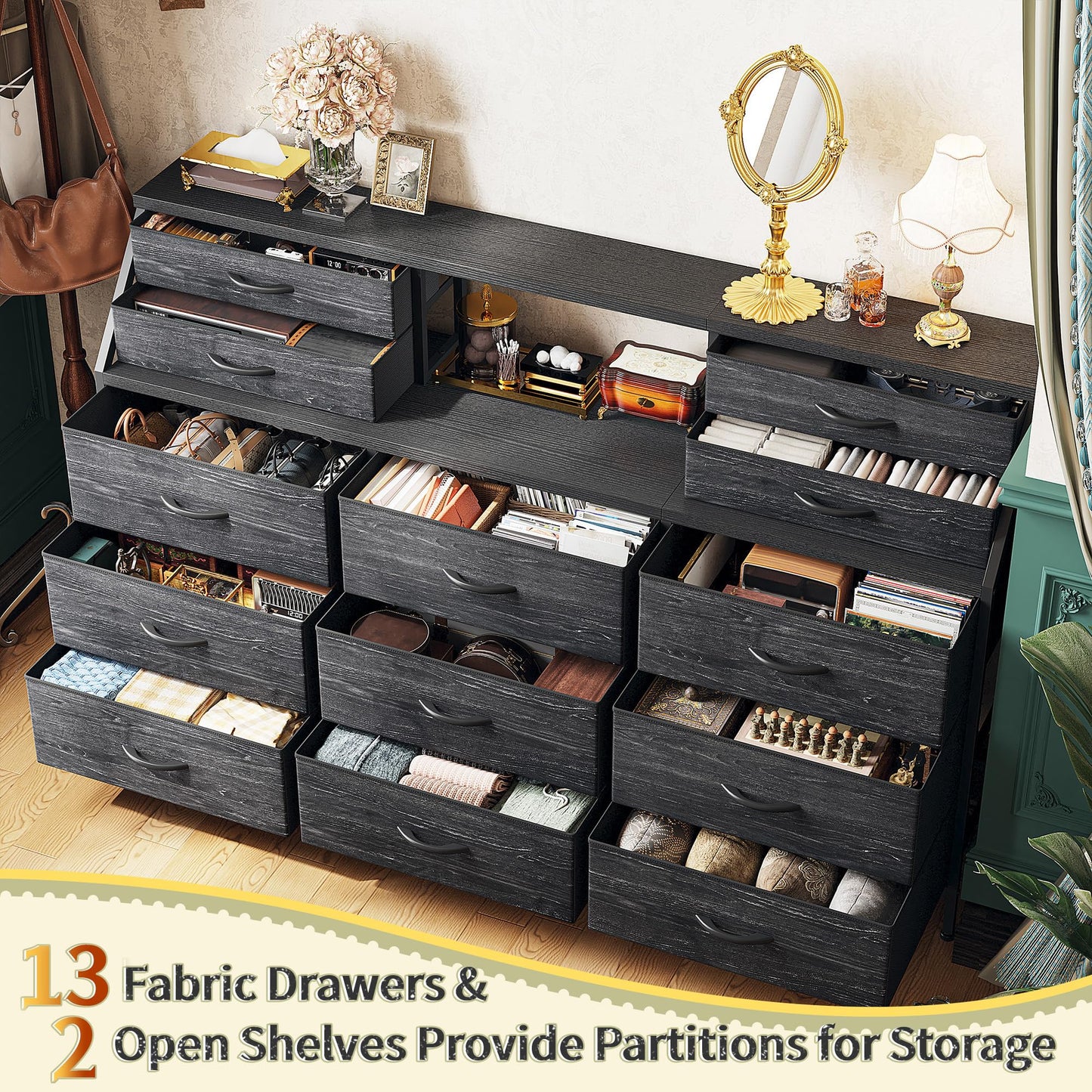 Romorgniz 55" W Black Dresser for Bedroom, Dressers & Chests of Drawers with 13 Fabric Drawers and 2 Extra Open Shelves, Long Vanity Dressers for Bedroom & Closet, Metal Frame & Wooden Top
