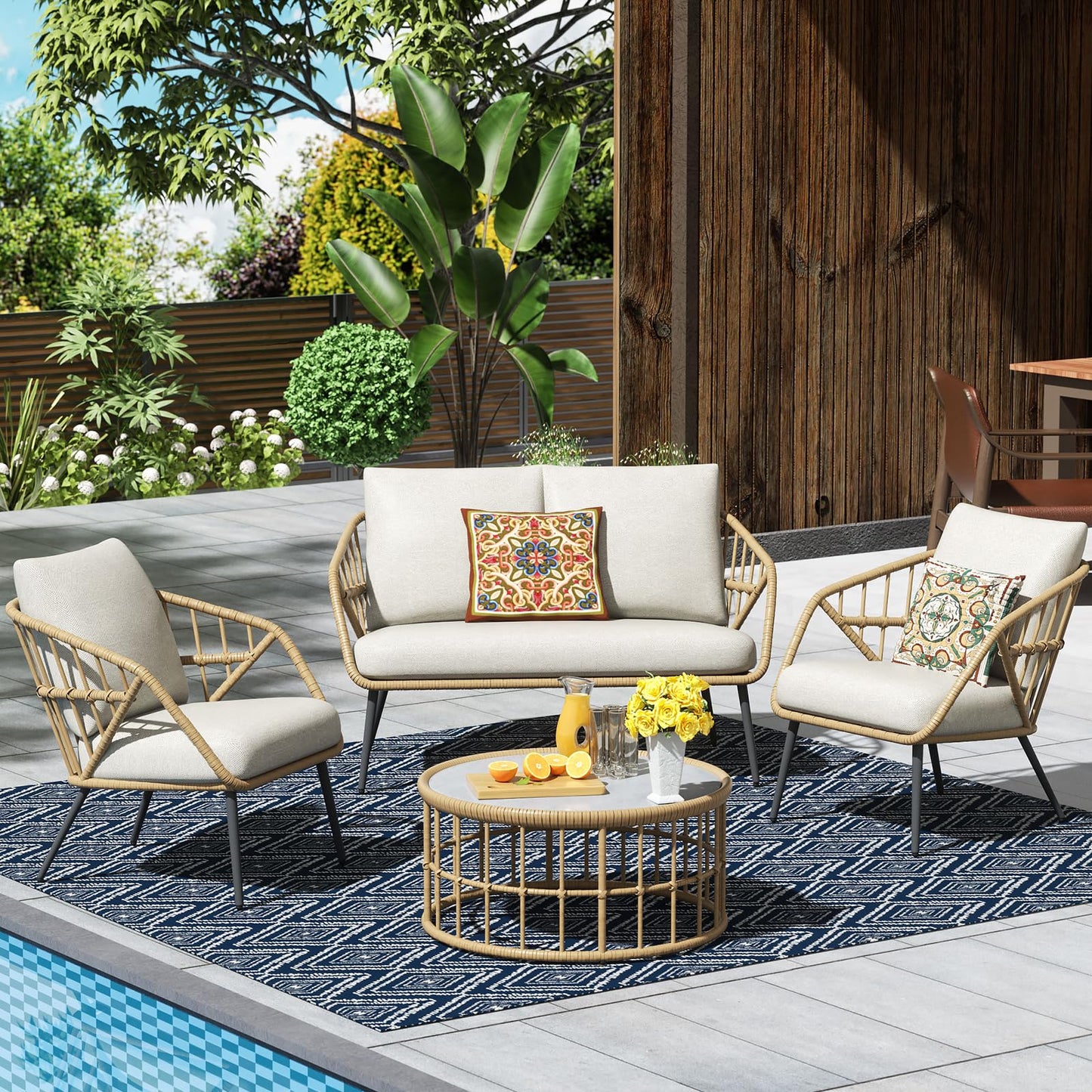 SANDAZE 4 Pieces Outdoor Patio Furniture Set, PE Rattan Wicker Balcony Porch Deck Furniture, Conversation Set Patio Table and Chairs Set with Thick Cushions and Coffee Table, Beige