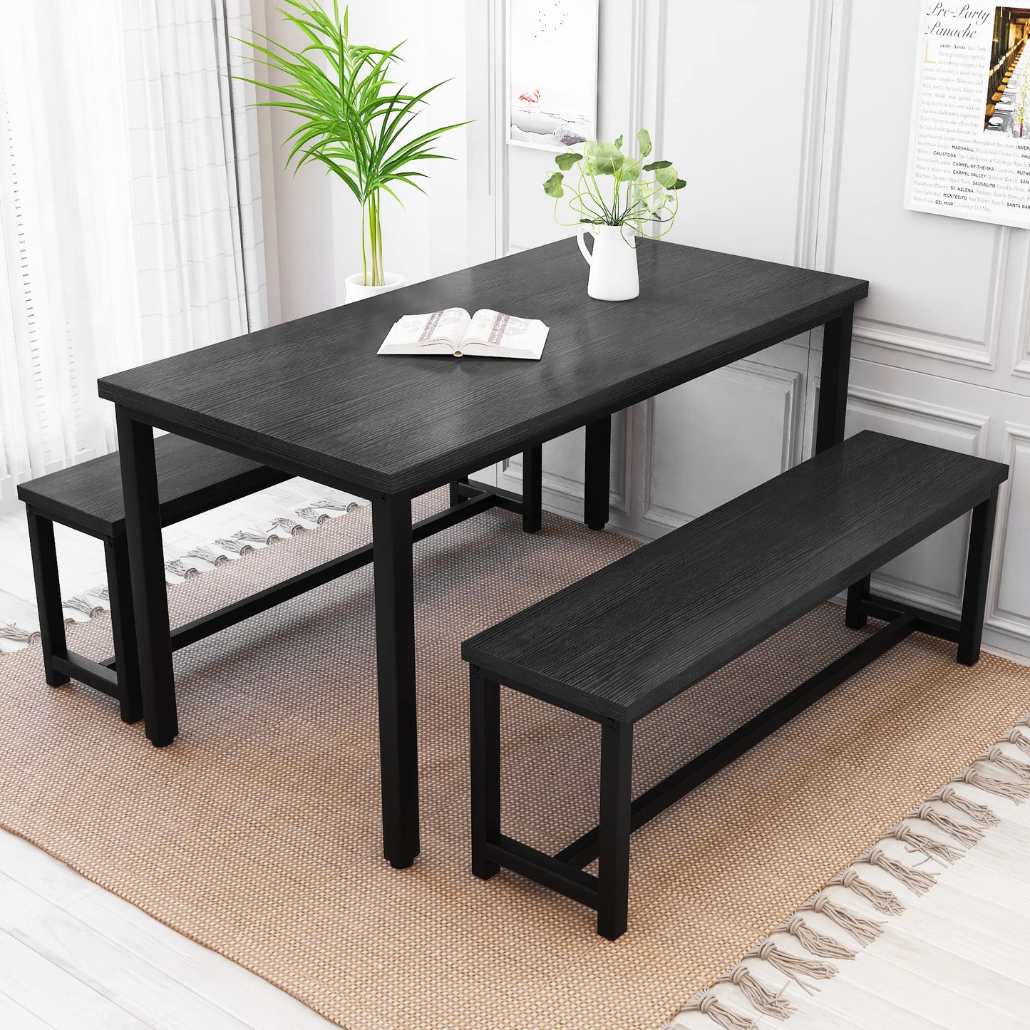 Recaceik Dining Table Set for 4 Kitchen Table Set with 2 Dining Benches, 3 Piece Farmhouse Dining Room Table Set Industrial Breakfast Nook Table Set for Small Space, Apartment, Black