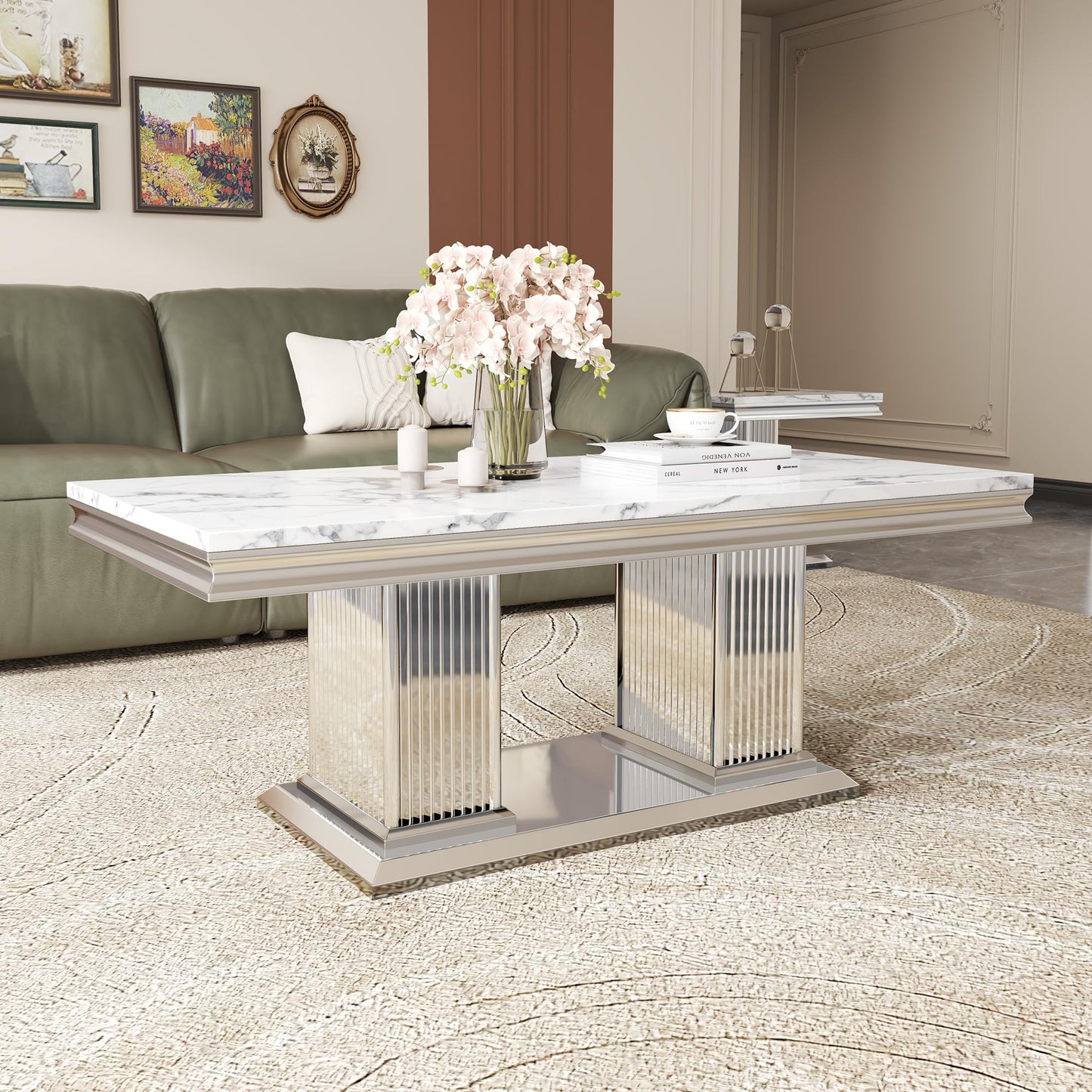 ModaWhly Modern 47" Marble Coffee Table, Large Living Room Center Table with Faux Marble top & Columnar Stainless Steel Base, Elegant White & Silver Design for Bedroom, or Reception Area