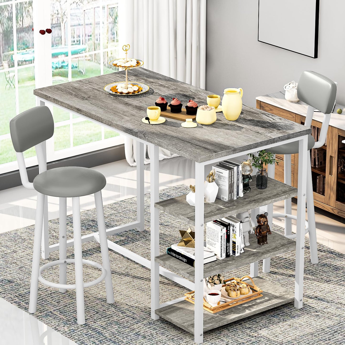DKLGG Dining Table Set for 2, Counter Height Pub Table with 2 PU Leather Widen Backrest Bar Stools & 3 Storage Shelves, Bar and Chairs Set for Small Space Kitchen, Dining Room, Bar, Grey