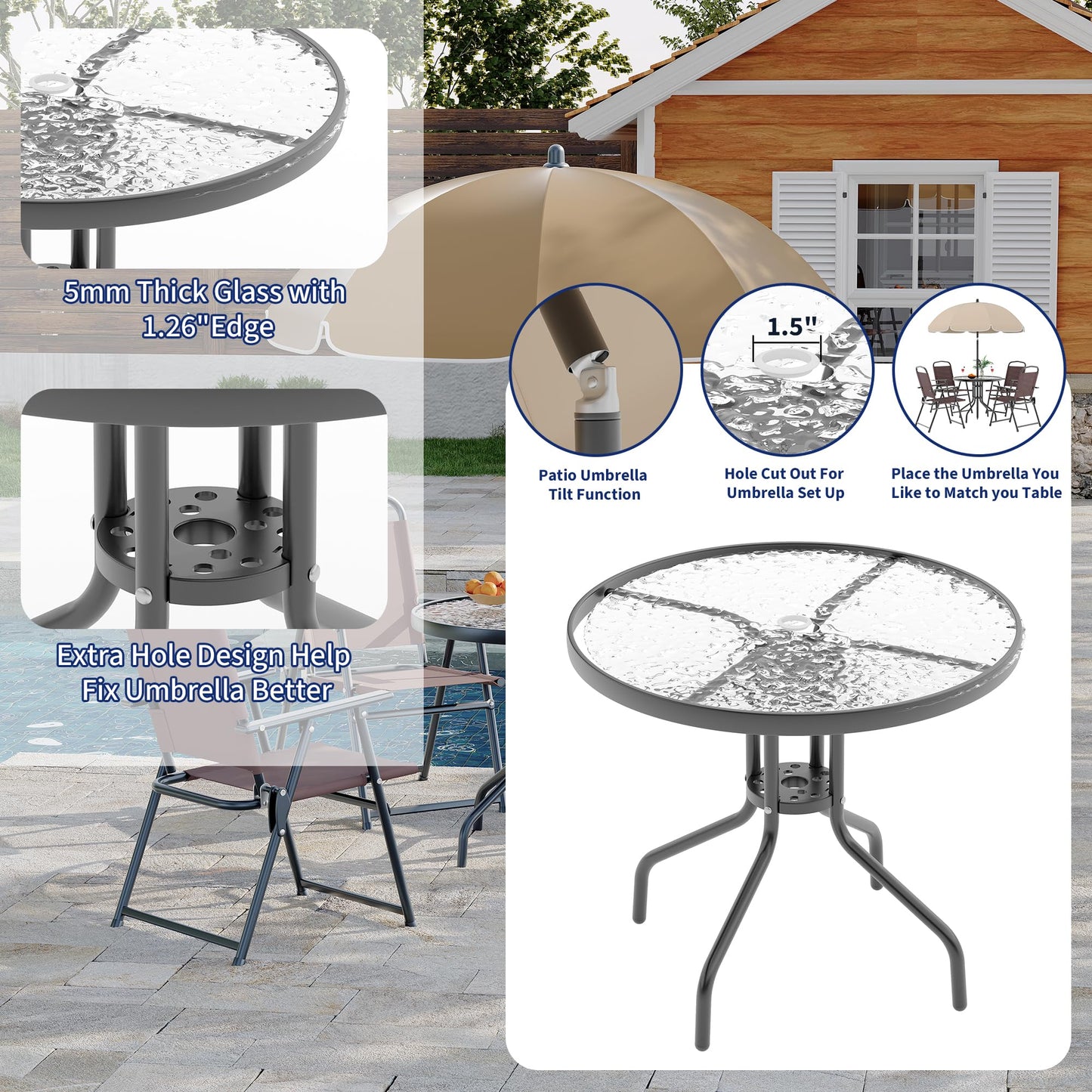 Patio Dining Set for 4 With Umbrella, Outdoor Furniture Set With 4 Folding Dining Chairs, Outdoor Table Umbrella Set With Tempered Glass Top Dinings Table