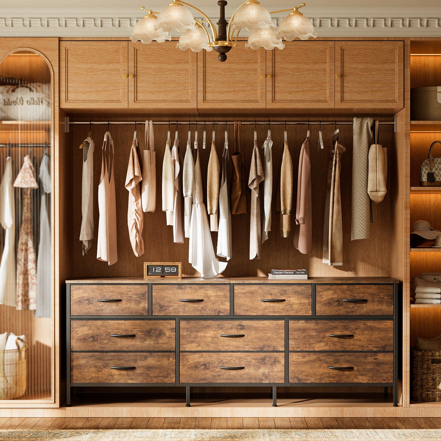 Huuger 63 Inch Dresser for Bedroom, Long Dresser with 10 Fabric Drawers, TV Stand for 55, 65, 70 Inch TV, Toy Storage Organizer for Closet, Rustic Brown
