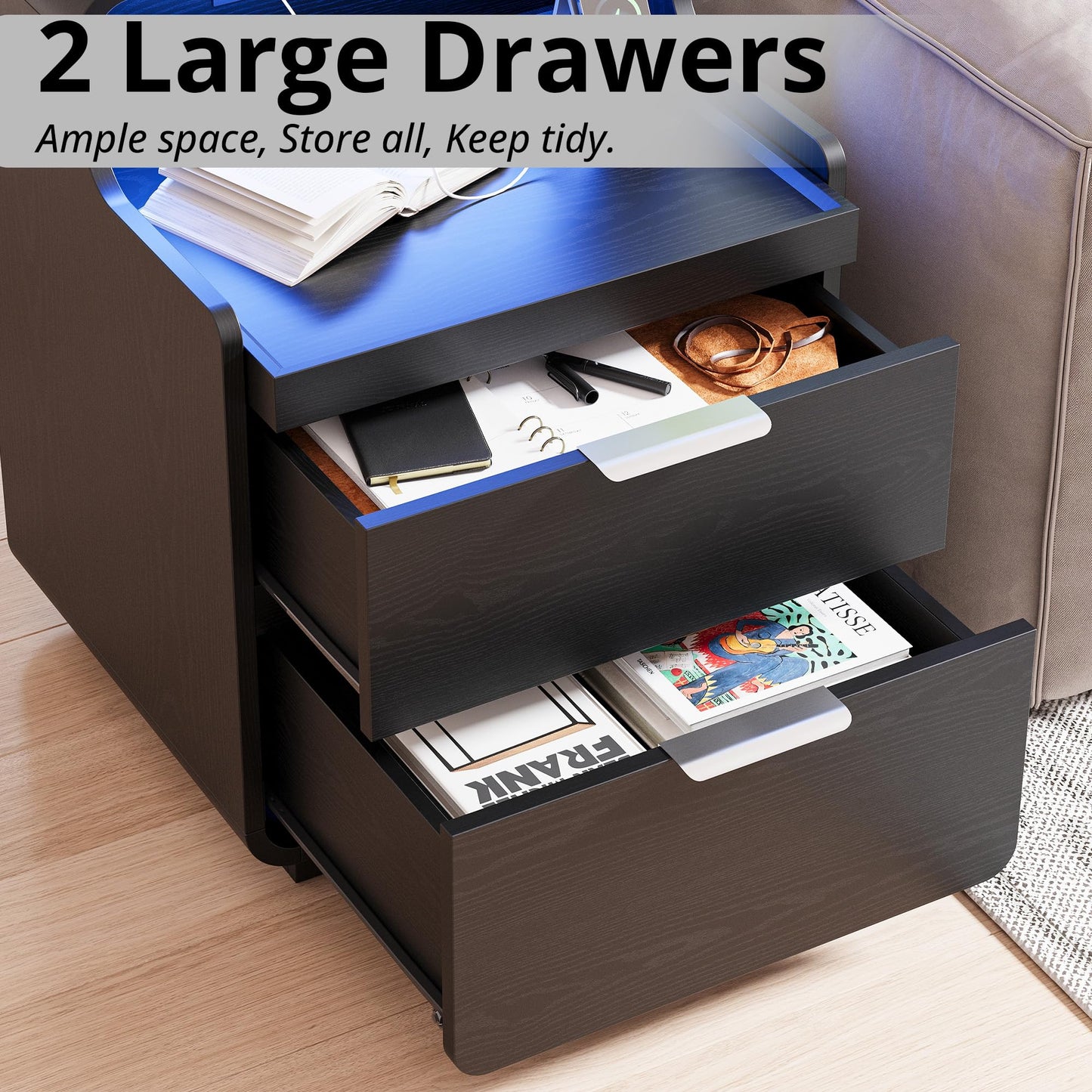 LIKIMIO Nightstand with Charging Station and LED Lights, Night Stand with Pull-Out Shelf, Morden End Table with 2 Drawers, Bedside Table for Bedroom, Black