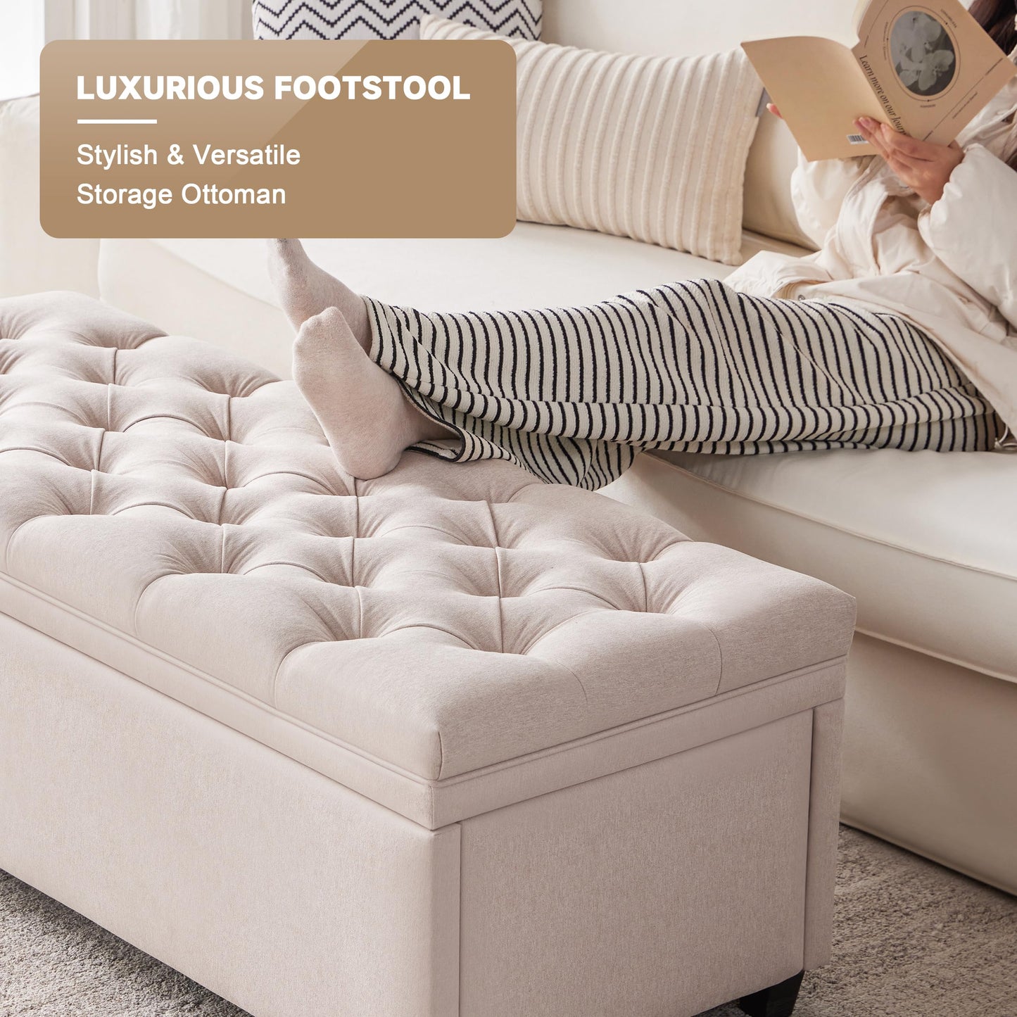 Mangodan 50" Storage Ottoman Bench, Tufted Ottoman with Storage Bench for Living Room, Large End of Bed Bench Ottomans, Modern Entryway Benches, Window & Bedroom Benches for Foot of Bed, Beige