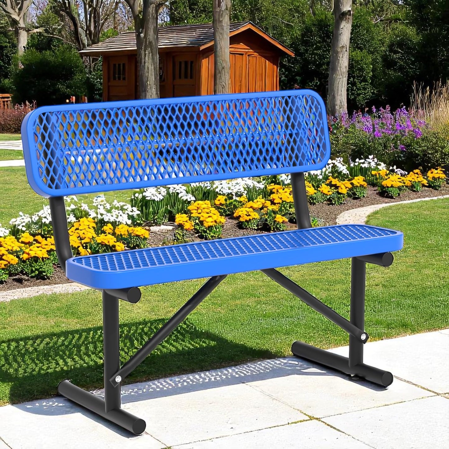HIMcup 4 Feet Park Benches for Outside,Heavy Duty Patio Garden School Commercial Benches, Weatherproof Outdoor Bench Metal Blue Outdoor Bench, Outdoor Steel Bench with Backrest,48x23.2x32.5inch