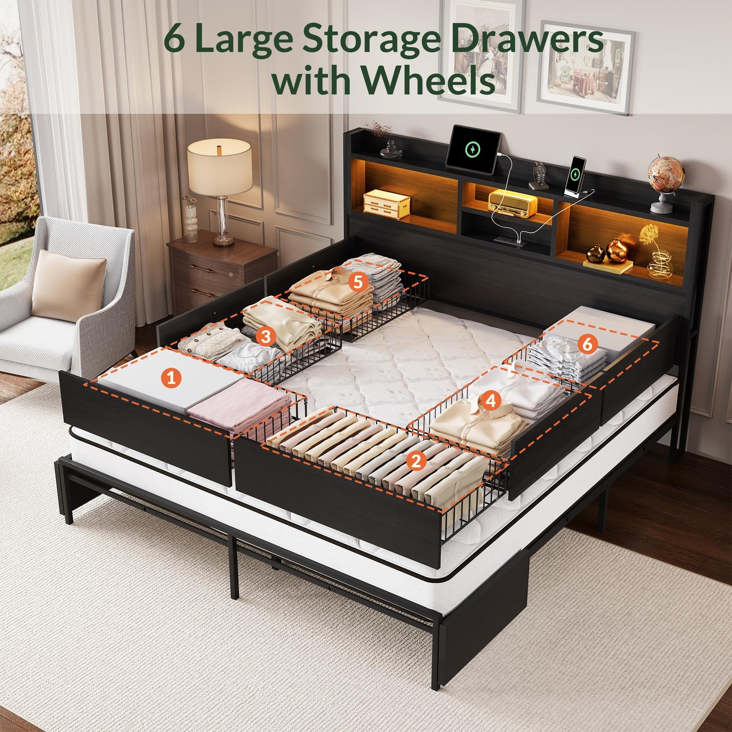 LARMACE King Size Bed Frame with 6 Storage Drawers and Headboard Wooden Platform Bed Frame with LED Lights and Charging Station Easy Assembly/No Box Spring Needed/Black