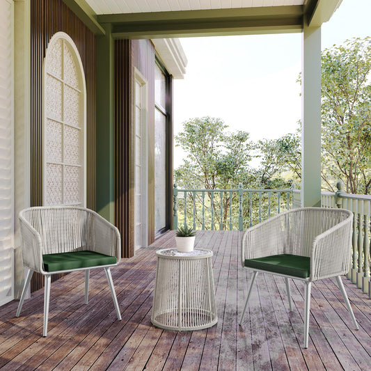 EAST OAK 3-Piece Patio Bistro Set, Patio Conversation Set with 2 Wide Ergonomic Chairs, Cushions & Glass Top Side Table, Outdoor All-Weather Wicker Furniture for Porch, Upgrade Ivory & Jungle Green
