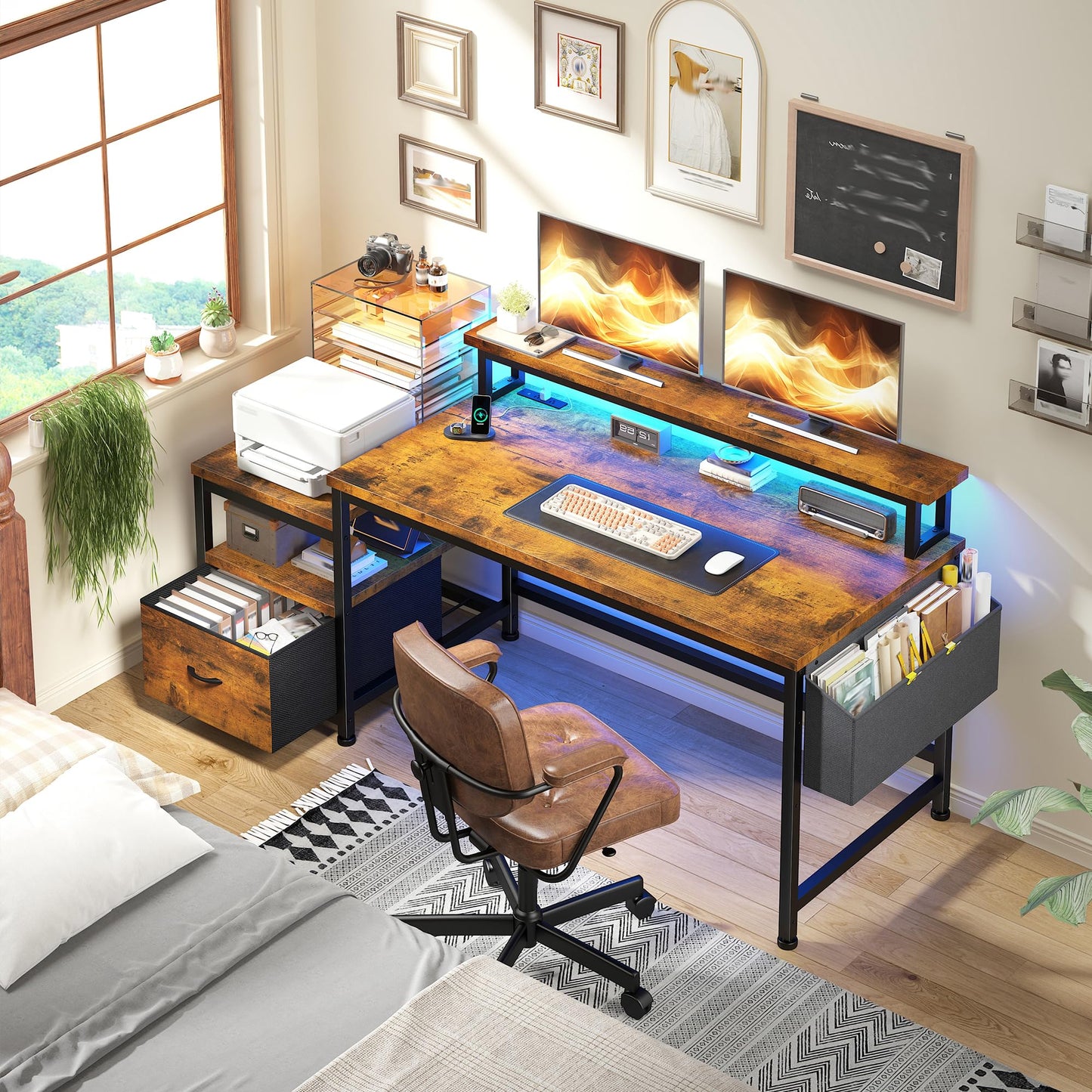 Computer Desk with Drawers and LED Lights,57" Gaming Desk with Power Outlets and Printer Space, Office Desk with File Drawers Cabinet,Study Table with Shelves Monitor Stand,Living Room,Rustic Brown