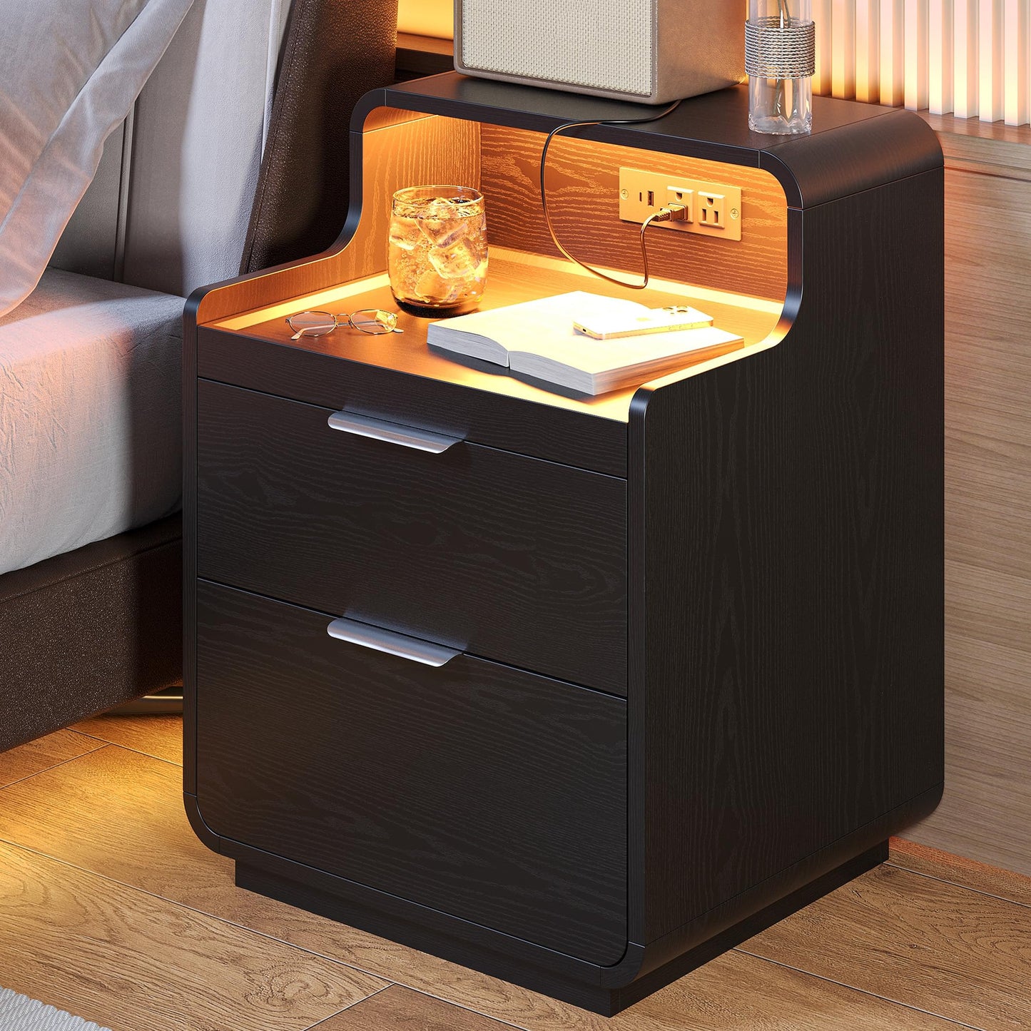 LIKIMIO Nightstand with Charging Station and LED Lights, Night Stand with Pull-Out Shelf, Morden End Table with 2 Drawers, Bedside Table for Bedroom, Black