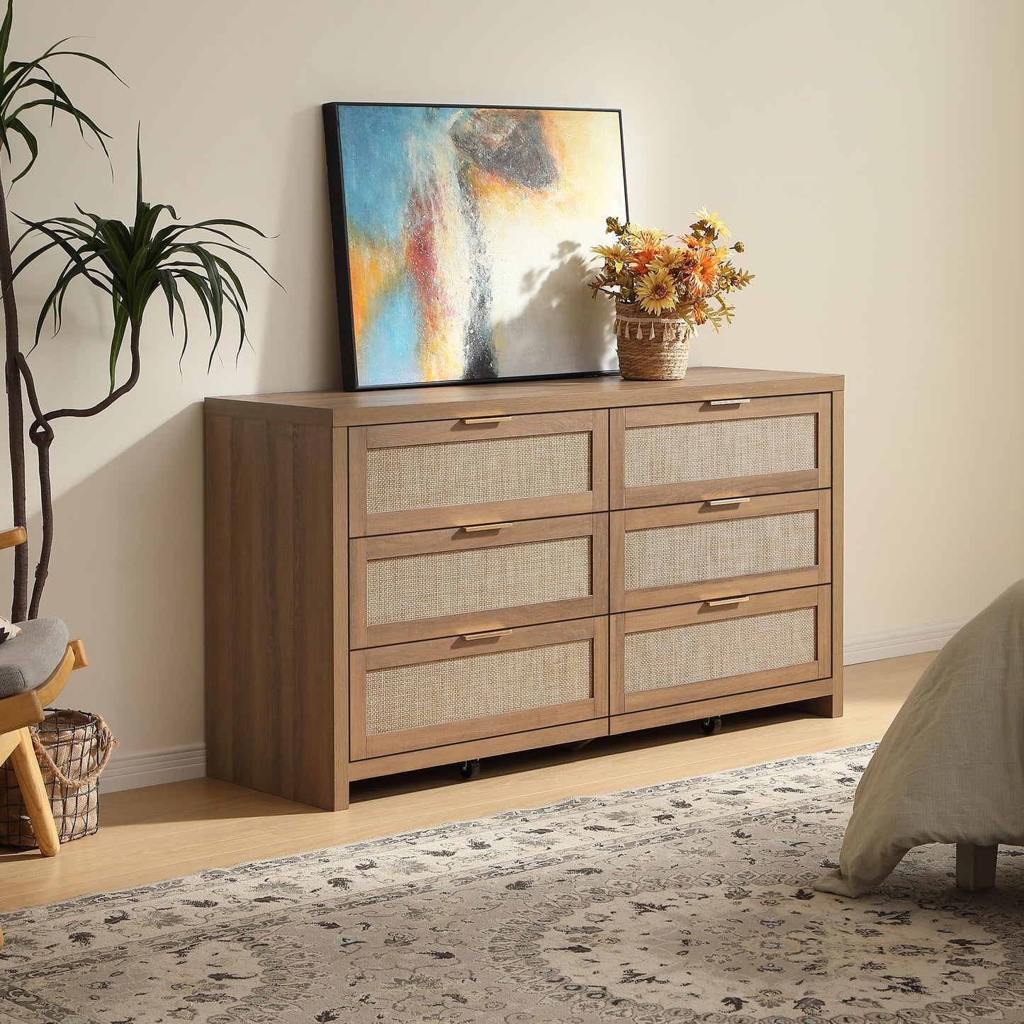 SICOTAS Rattan Dresser for Bedroom, 56.9" Wide 6 Drawer Dresser with Ample Storage, Dressers Large Chest of Drawers, Closet, Boho TV Stand for Bedroom (Reclaimed Caramel Oak, 1 Piece)