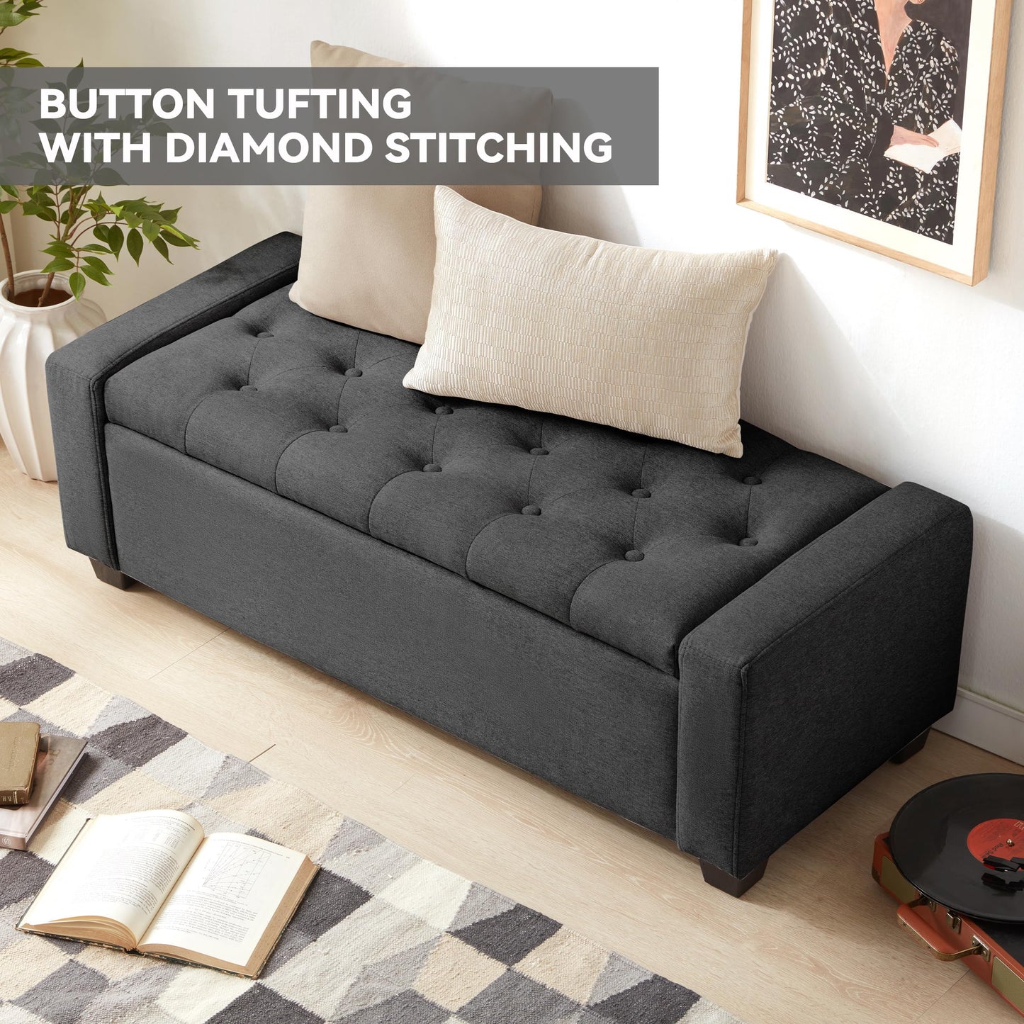 Mangodan 48" Ottoman with Storage, Soft Storage Ottoman Bench for Bedroom, Tufted Upholstered Window Benches, End of Bed Bench for Living Room, Entryway Bench with Seating, Foot Rest, Darkgrey