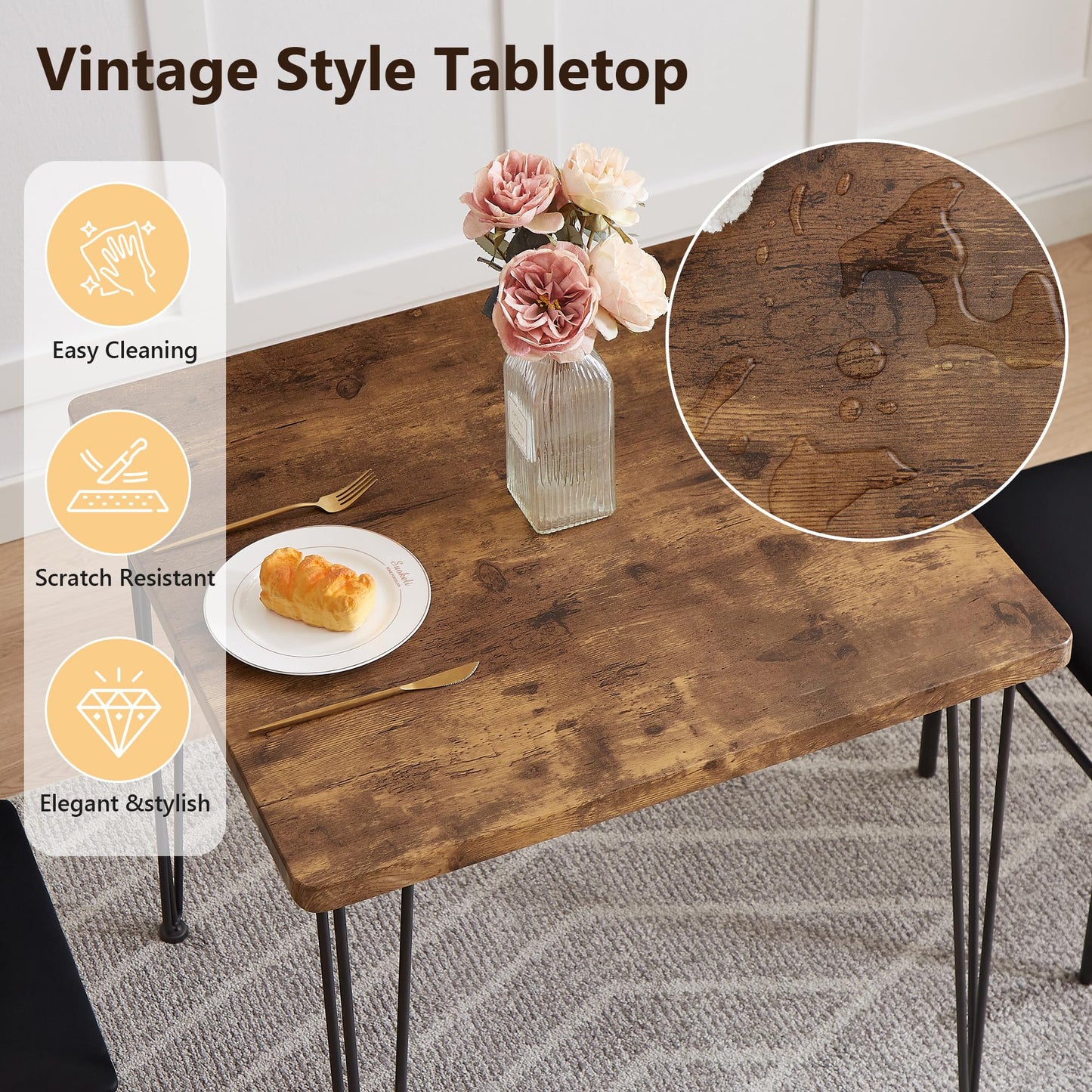 VECELO Kitchen Dining Room Table Set with 2 Chairs for Small Space, Apartment,Metal Steel Frame