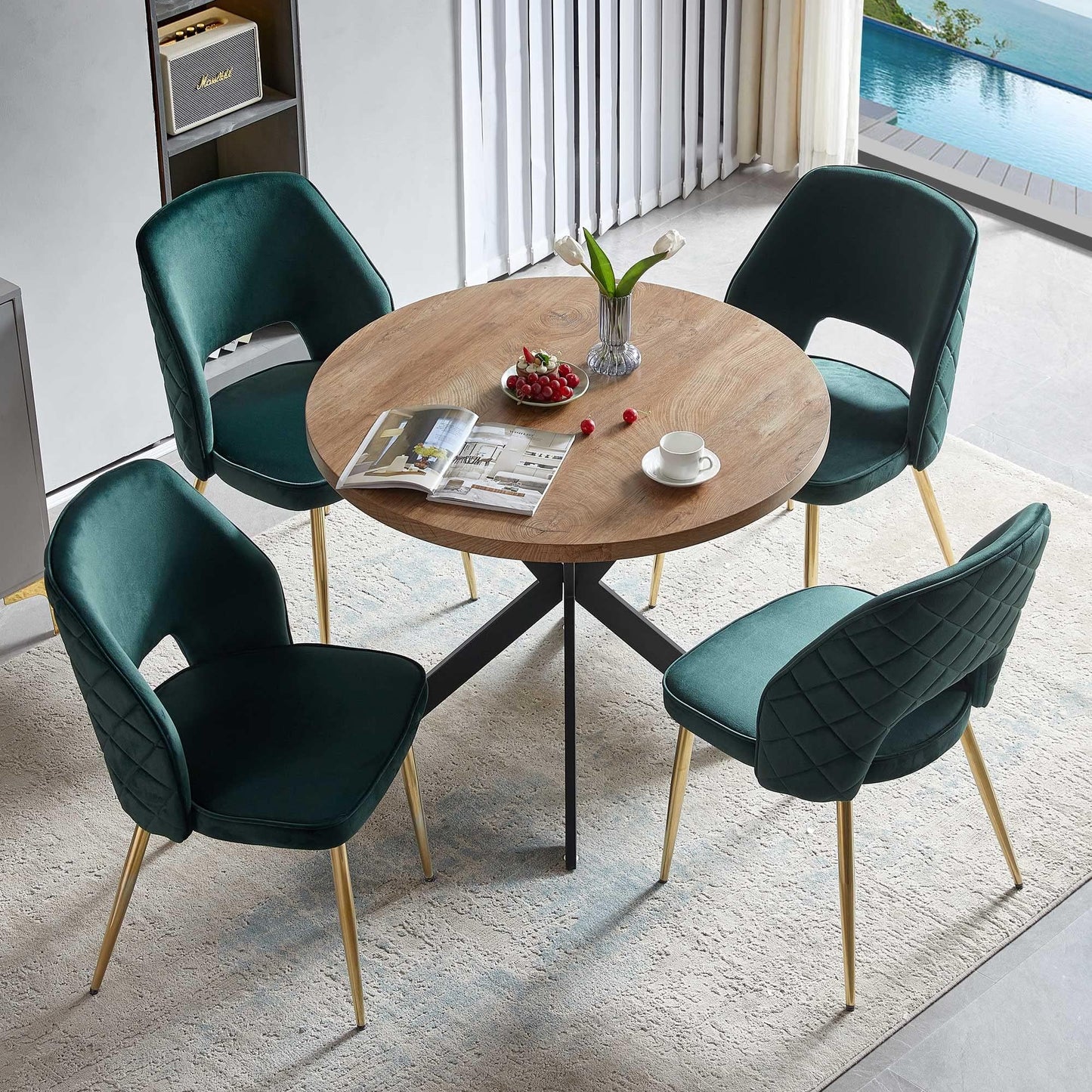 NORDICANA 5-Piece Dining Table Set for 4 - Space Saving 37-Inch Round Table and Chairs, 4 Seaters Dining Set with Upholstered Dining Chairs (Forest Green)