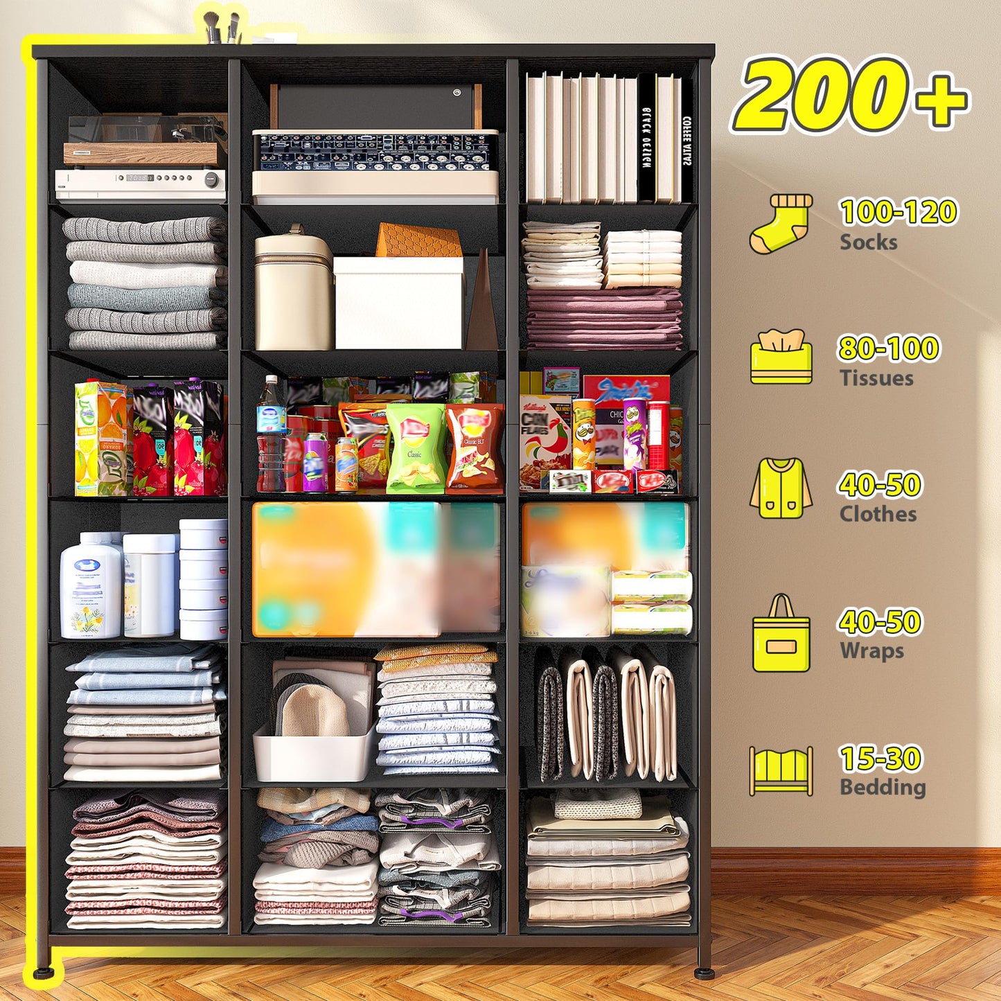 EnHomee 57.7" H Tall Dresser for Bedroom with 18 Drawers, Dressers & Chests of Drawers Fabric Dresser with Wooden Top & Metal Frame,Living Room, Closet, Hallway, Black Wood Grain