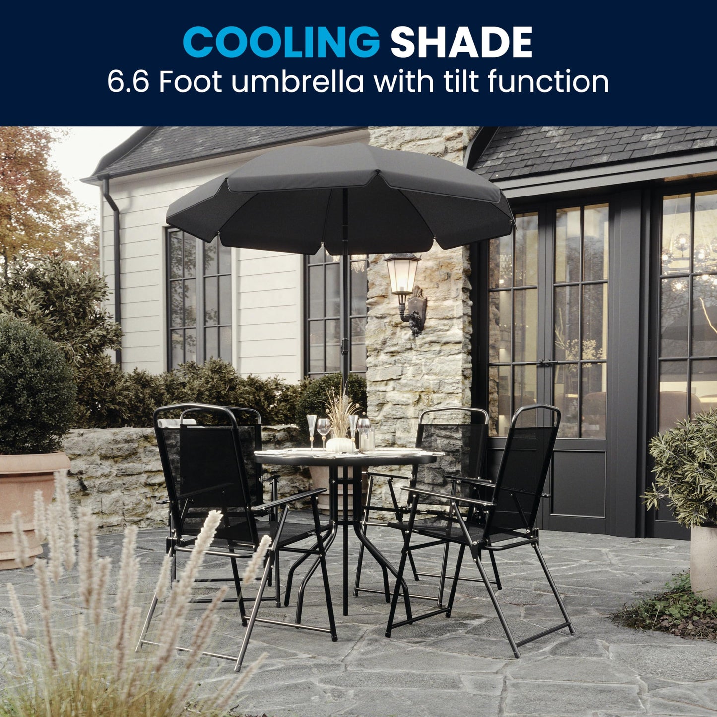Flash Furniture Nantucket 6-Piece Patio Dining Set with Glass Table, 4 Folding Chairs, and Umbrella, Outdoor Patio Set, Black