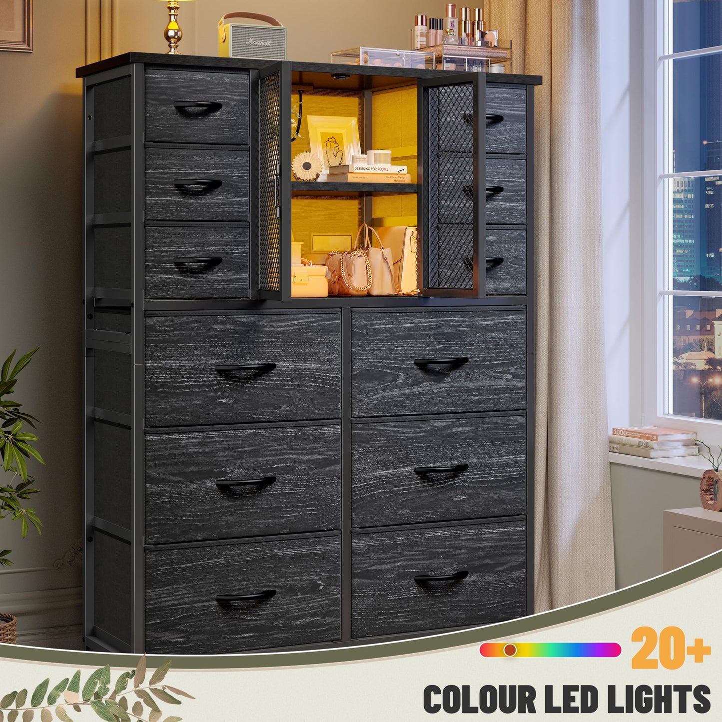 EnHomee Tall Dresser for Bedroom with Charging Station & LED & Mesh Door, 12 Fabric Drawer Dressers & Chests of Drawers, Wooden Top, Metal Frame, Black, 11.8" D x 37.8" W x 50.6" H
