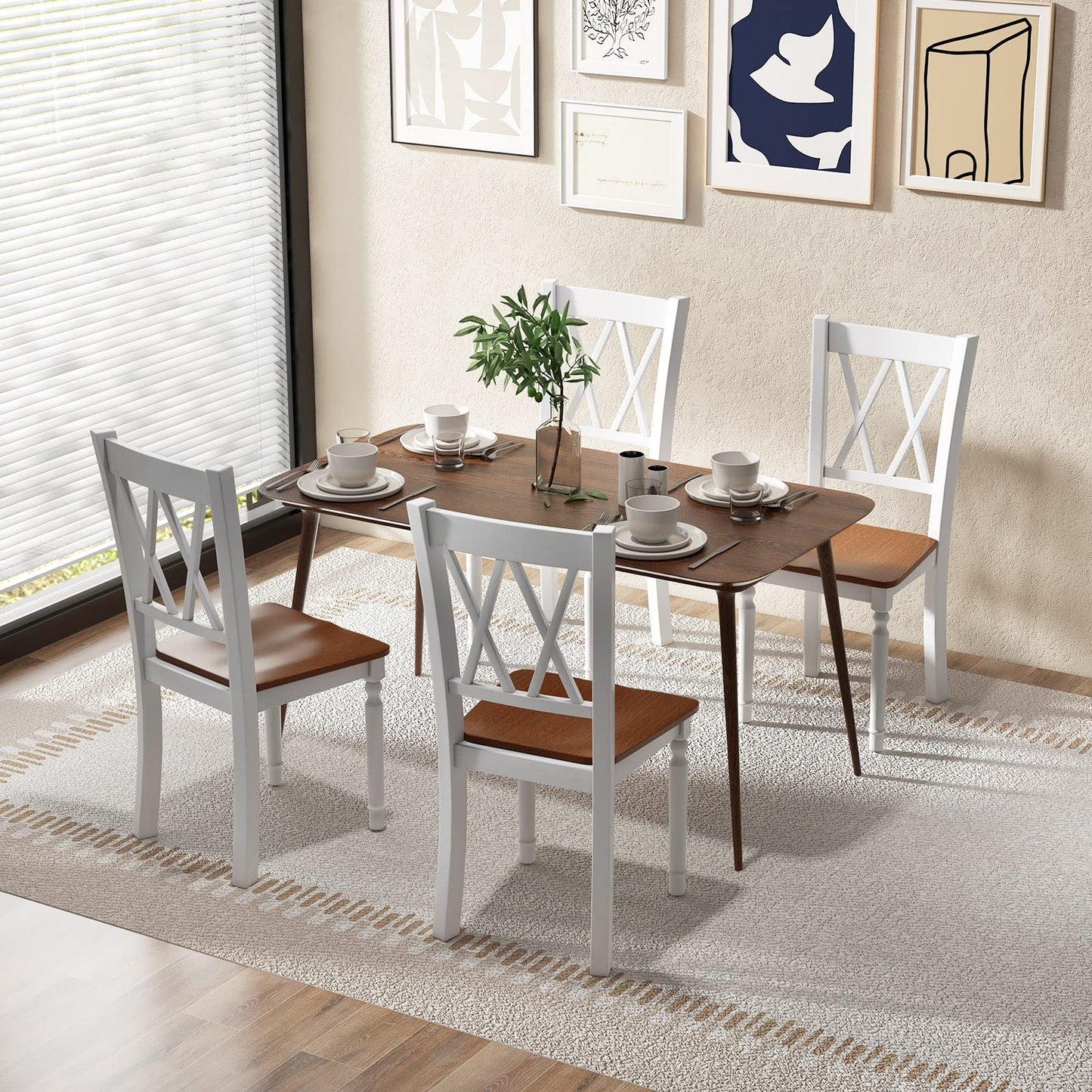 Giantex Dining Room Chairs Set of 2 White, Wooden Farmhouse Kitchen Chairs with Rubber Wood Seat, Acacia Wood Legs, Max Load 360 Lbs, Heavy Duty Wood Armless Dining Chairs with High Back