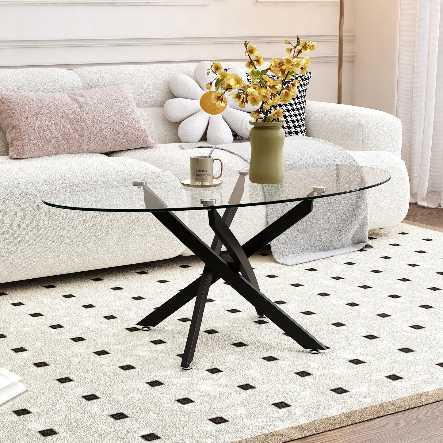 GOLDFAN Oval Coffee Table Modern Living Room Table with Tempered Glass Top and Black Metal Legs Contemporary Stylish Center Table Tea Table for Living Room Bedroom
