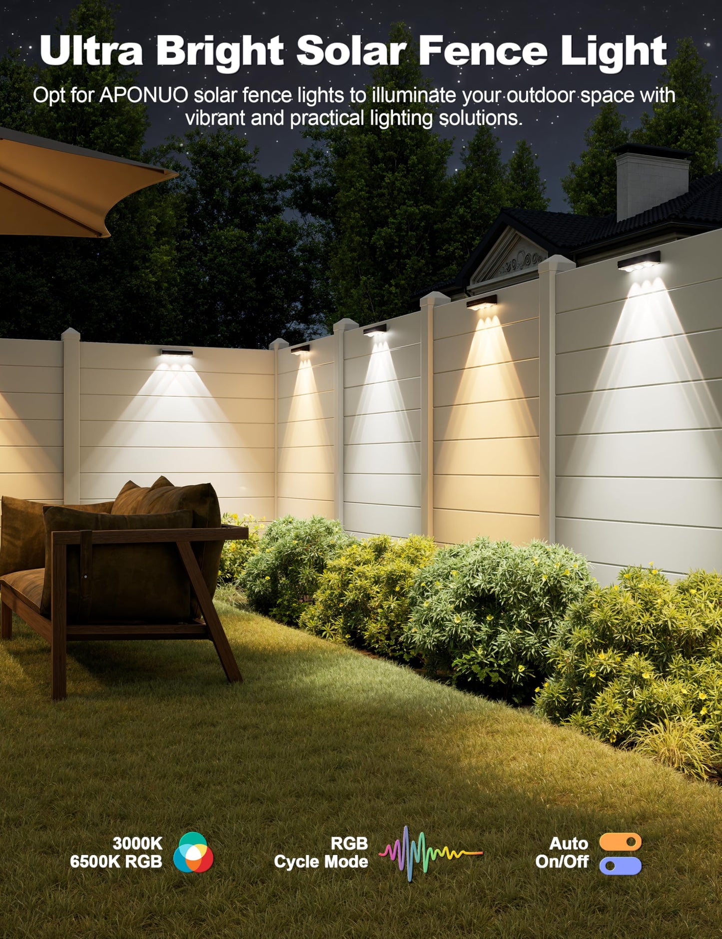 APONUO Solar Fence Lights Outdoor Waterproof, Fence Lights Solar Powered, 12 RGB Color Modes & Warm White & Cool White, Fence Solar Light Outdoor for Backyard, Patio, Wall, Deck, Yard（12 Pack, Black）
