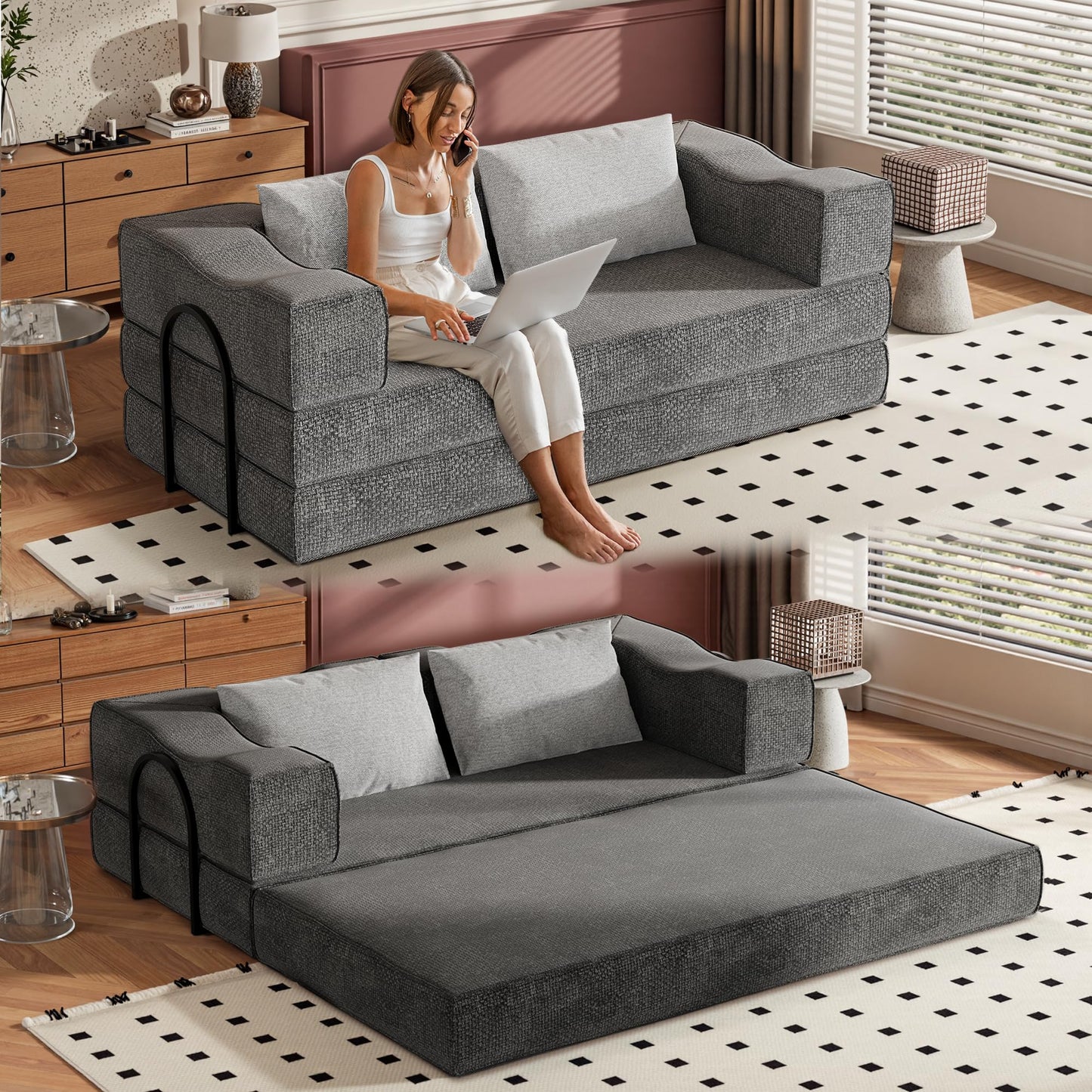 80" King Size Convertible Sofa Bed Sleeper, Foldable Futon Couch with Memory Foam & 2 Pillows, Chenille Fabric Modular Loveseat for Small Spaces, Apartment, Living Room, Studio (Gray, 80in)