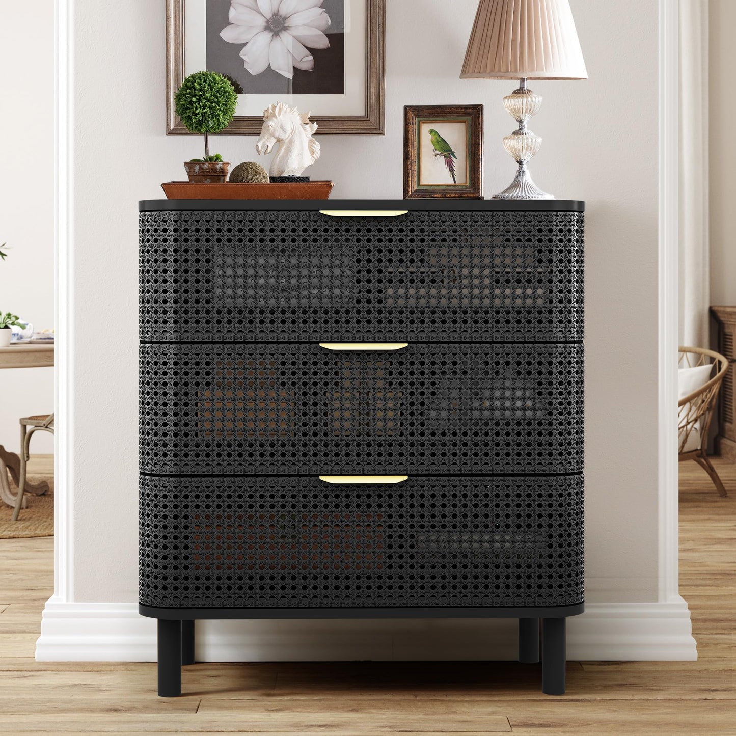 YZRSTY 3 Drawer Dresser for Bedroom, Modern Iron Closet Dressers Chest of Drawers, Boho Rattan Wide Dresser Nightstand with Storage Drawers for Living Room, Dressing Room, Entryway, Hallway