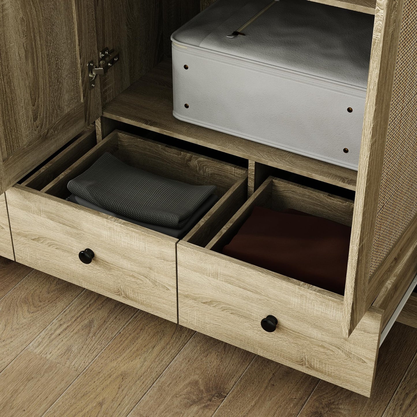 Homsee 3-Door Rttan Wardrobe Armoire Closet, Bedroom Cabinet Armoire with 3 Rattan Doors, 3 Drawers, Hanging Bar & 6 Shelves, Light Brown