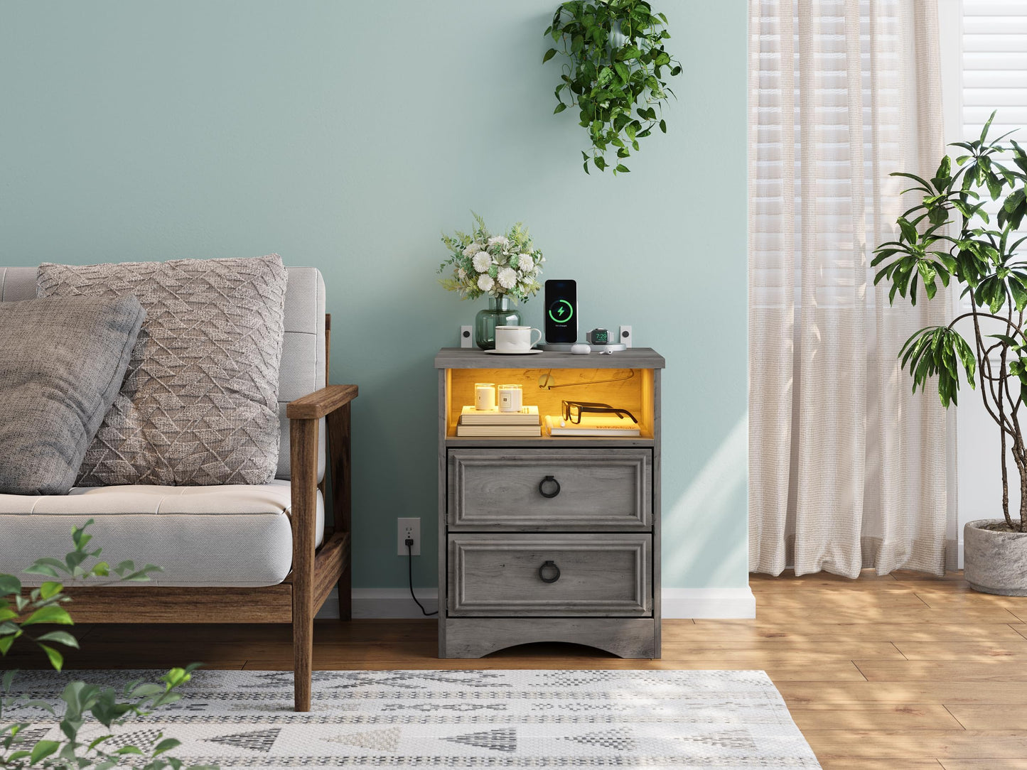 LGHM Nightstand with Strip Lights,USB Outlets Set of 2, Night Stand with Drawers, Accent Bed Side Table and End Table with Open Storage for Bedroom, Living Room,Gray
