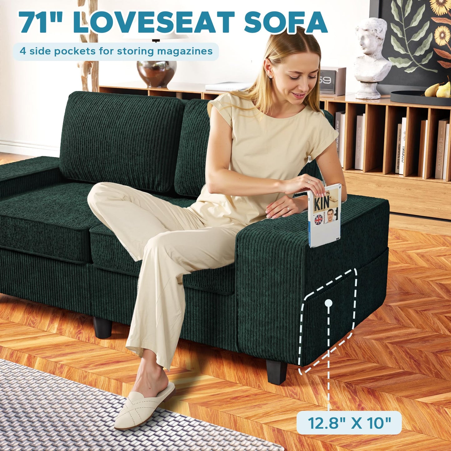 MeetLeisure 71" Corduroy Loveseat Couch, 2 Seater Retro Sofa with 4 Side Pockets, Removable and Washable Cushions, Mid Century Modern, Living Room, Apartment, Office (Green)